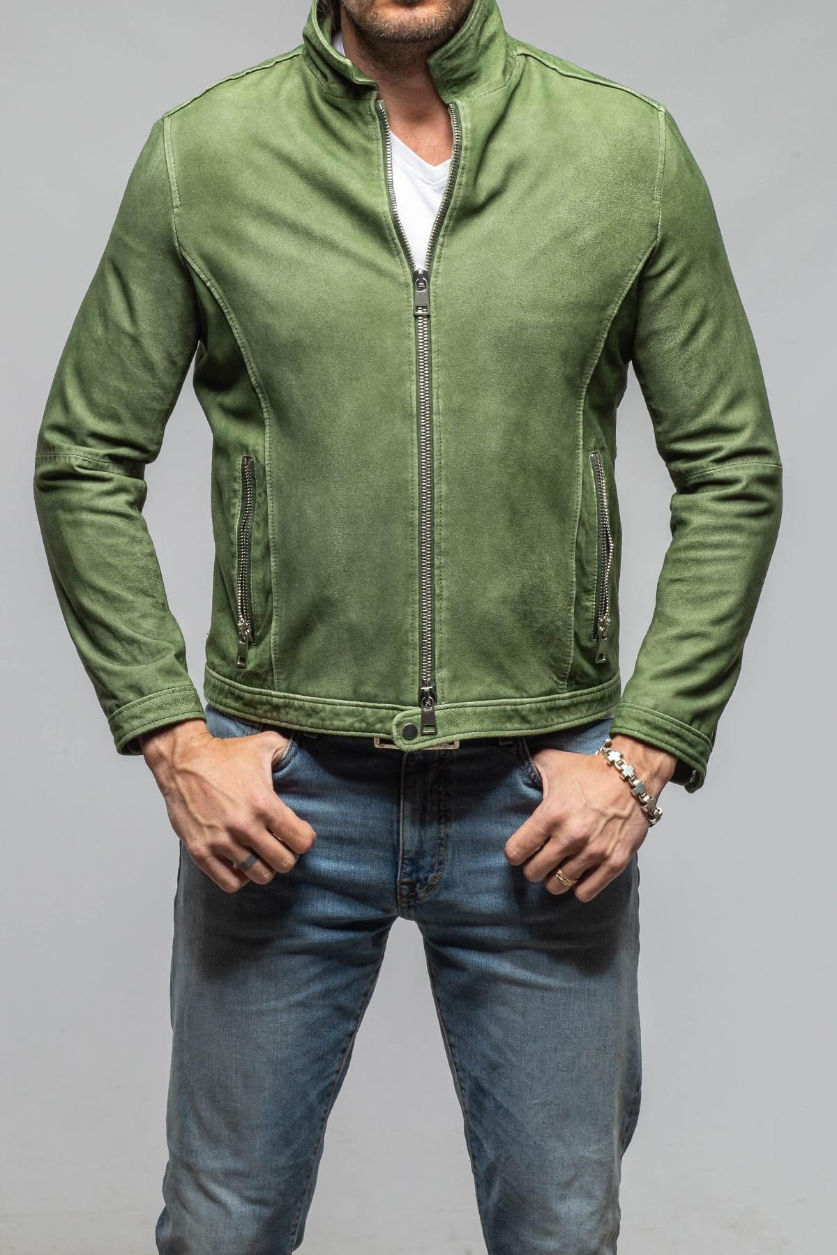 Gimo's Brando Suede Moto Jacket In Green Mens - Outerwear - Leather