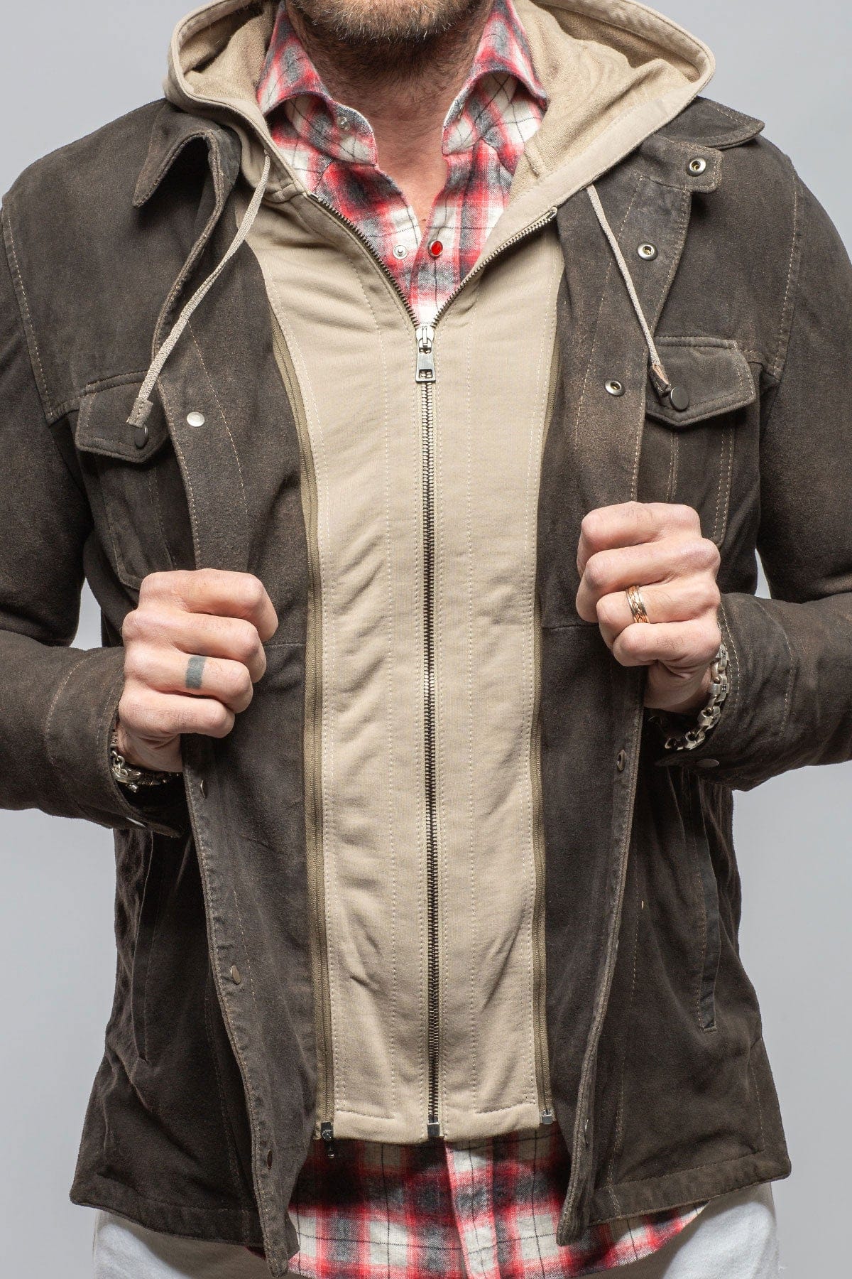 Gimo's Callum Suede Shirt with Removable Hood Mens - Outerwear - Leather