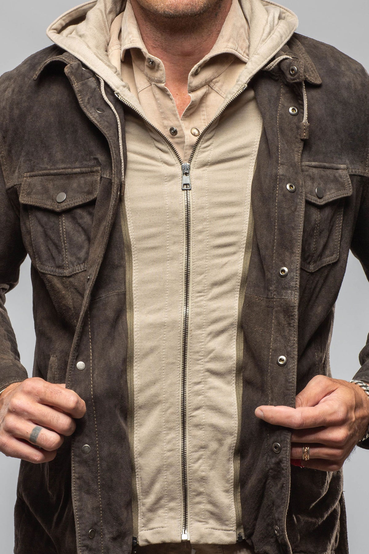Gimo's Callum Suede Shirt with Removable Hood Mens - Outerwear - Leather