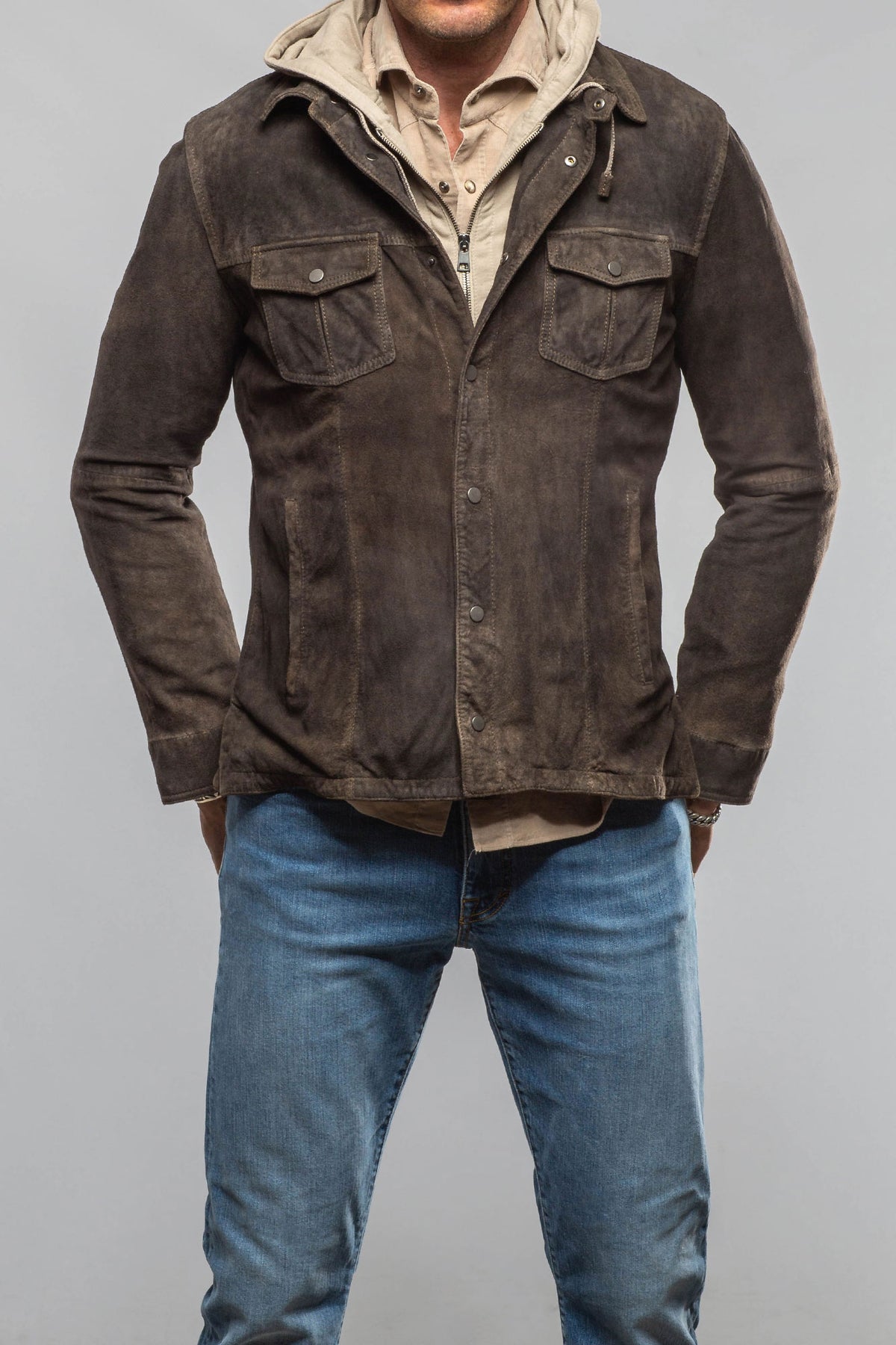 Gimo's Callum Suede Shirt with Removable Hood Mens - Outerwear - Leather