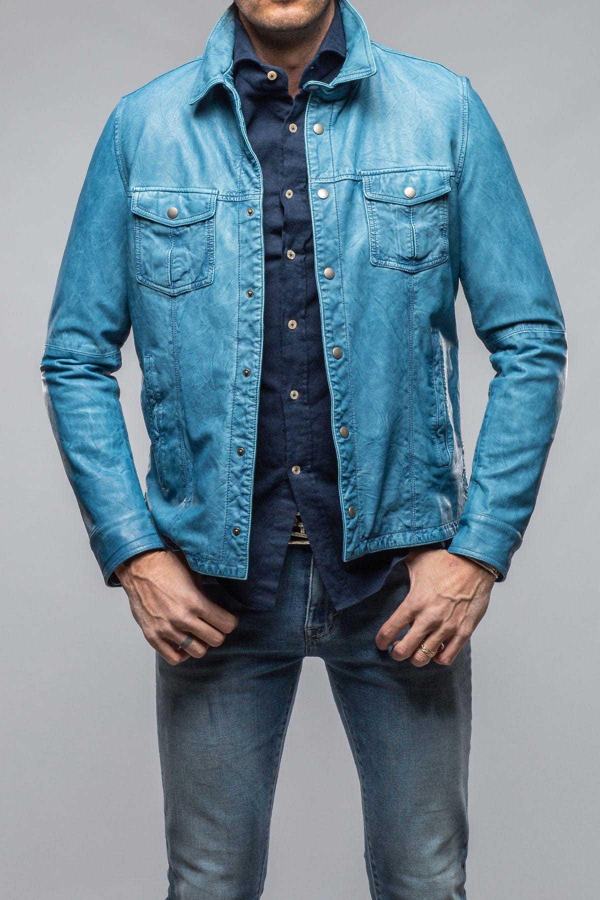 Enna Washed Leather Shirt Jacket In Denim - AXEL'S