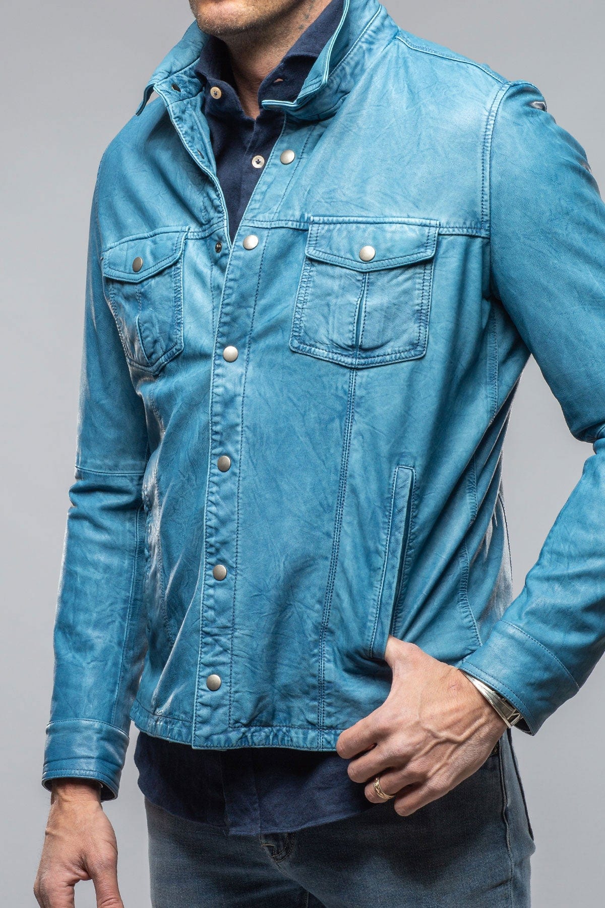 Enna Washed Leather Shirt Jacket In Denim - AXEL'S