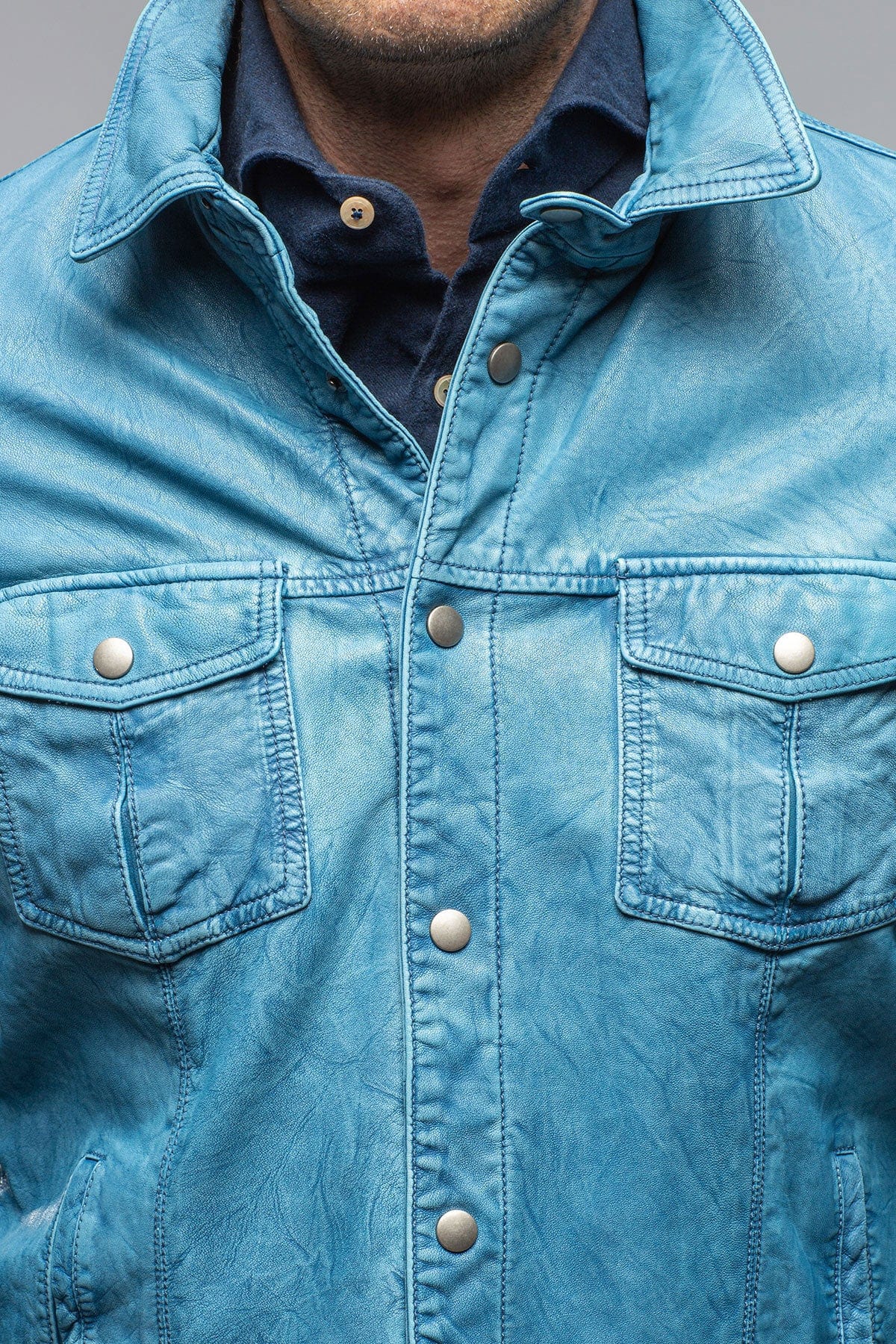 Enna Washed Leather Shirt Jacket In Denim - AXEL'S