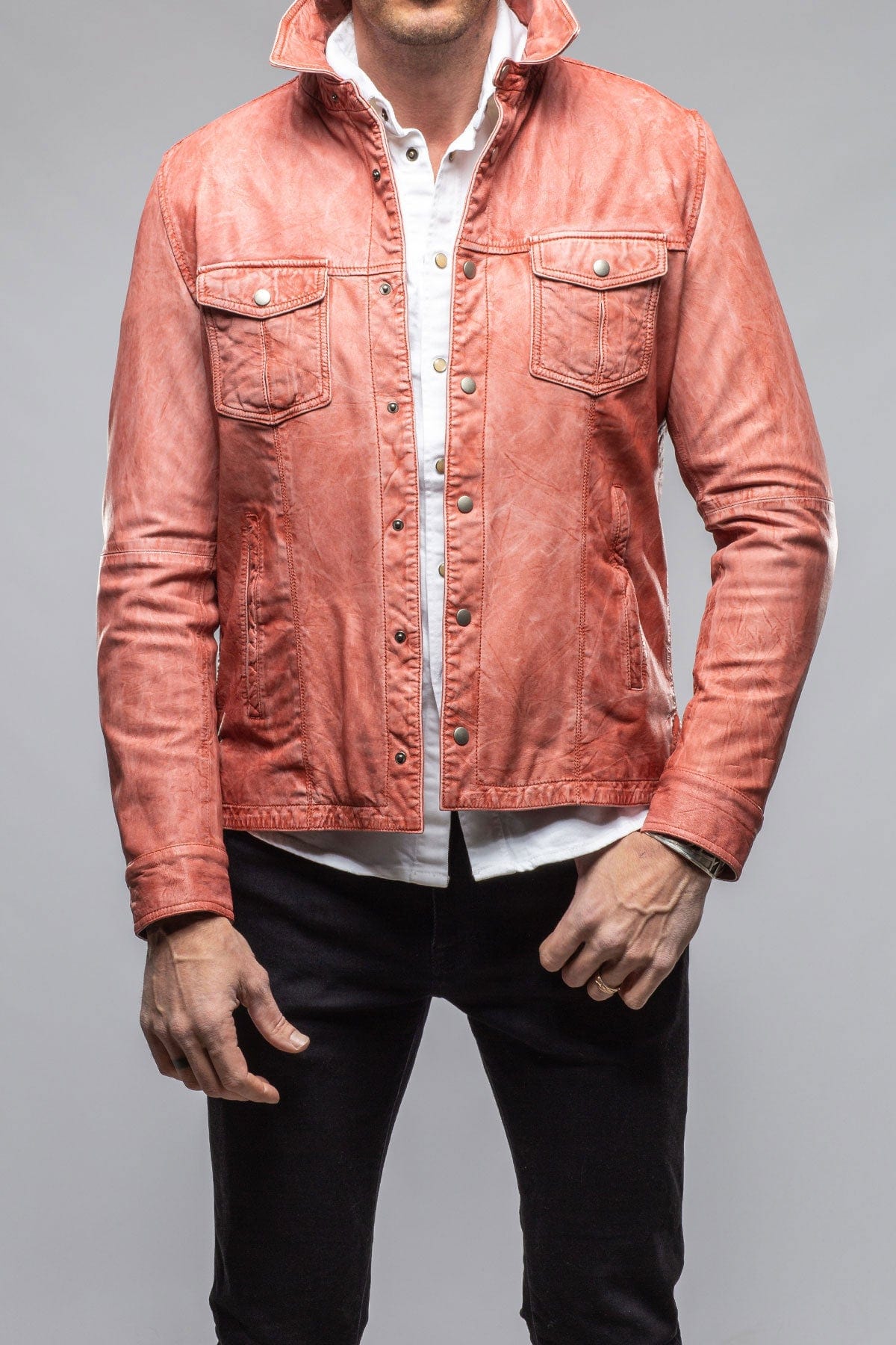 Enna Washed Leather Shirt Jacket In Red - AXEL'S