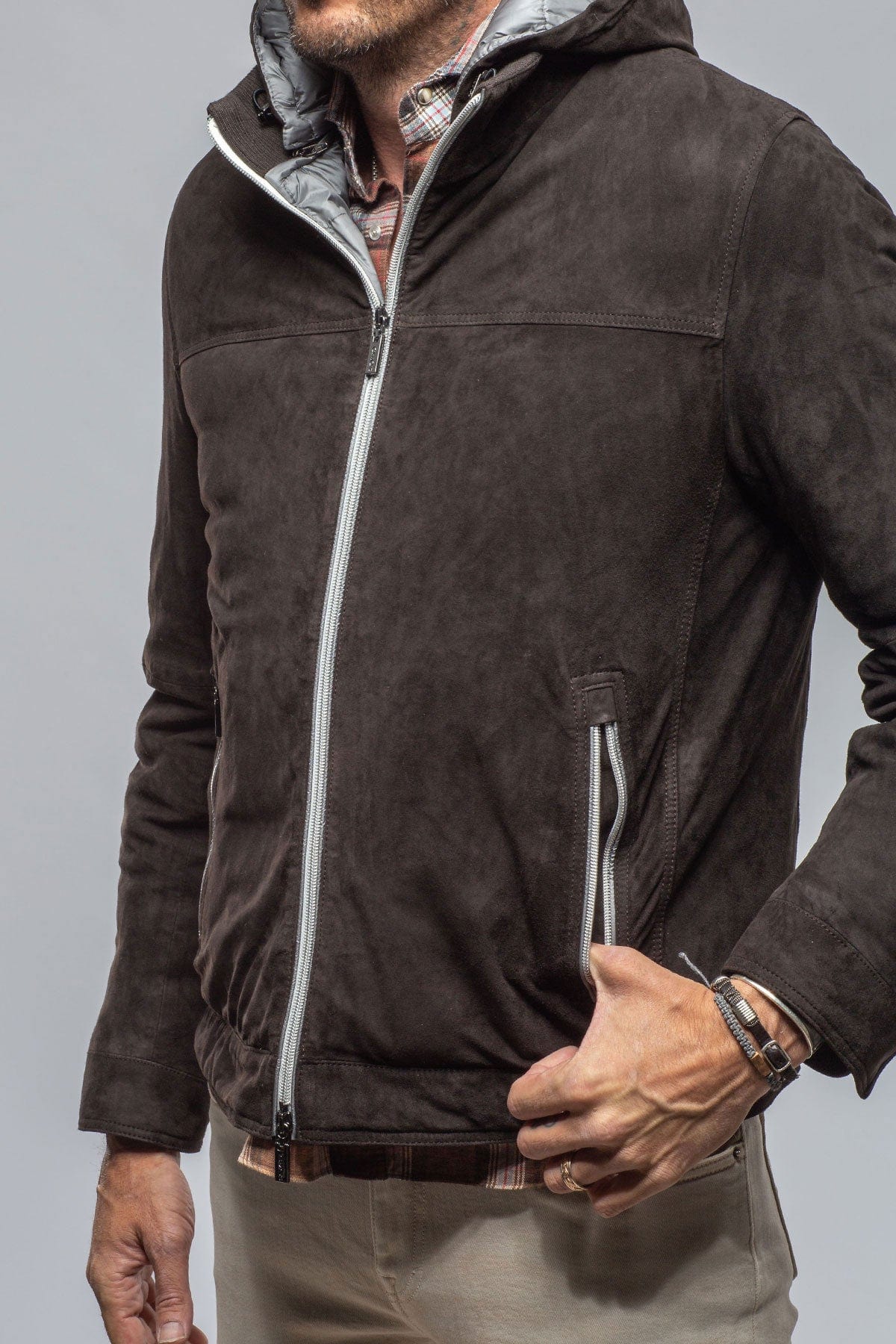 Leo Suede Insulated Jacket in Charcoal Brown - AXEL'S