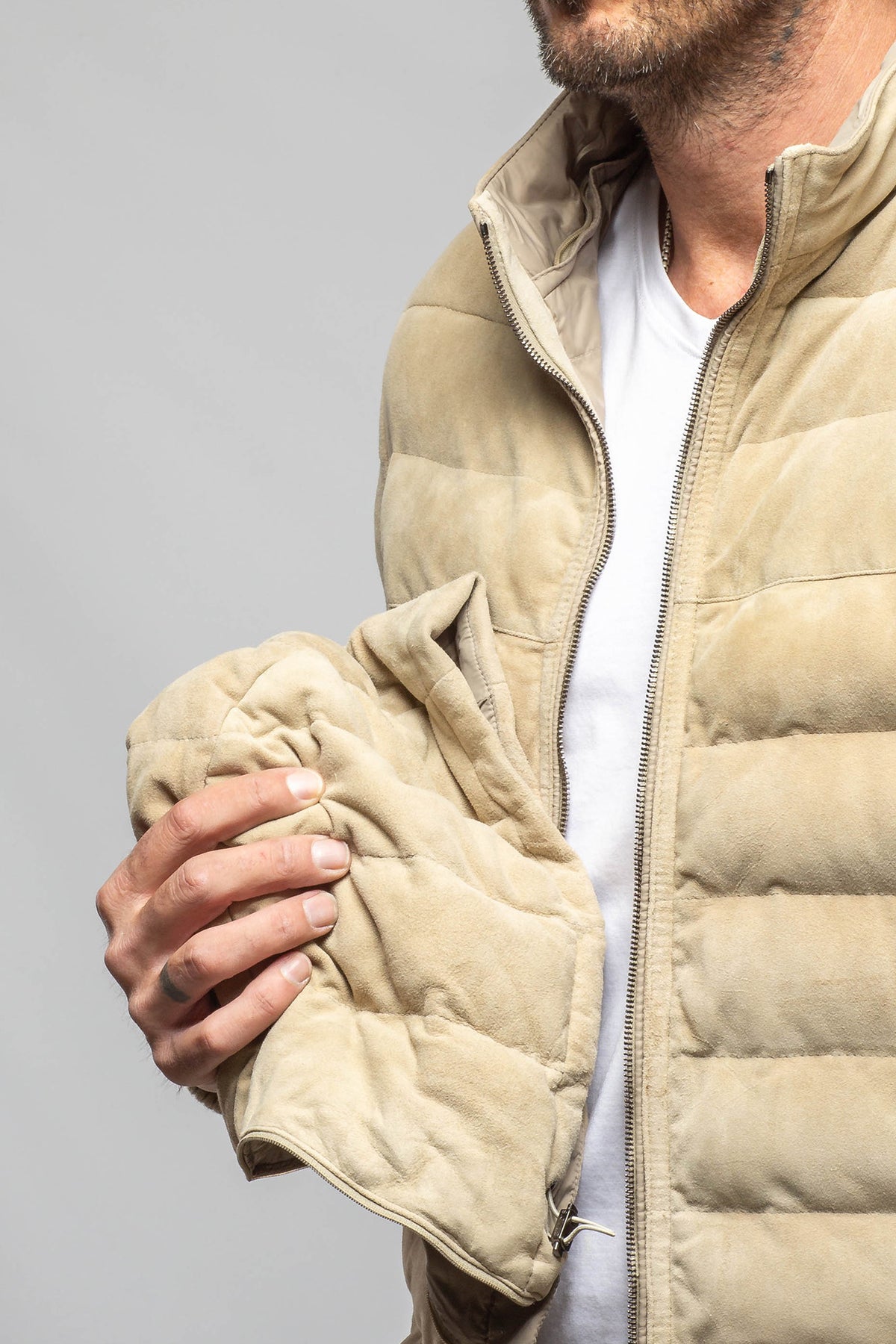 Loki Suede Puffer Jacket In Palomino - AXEL'S