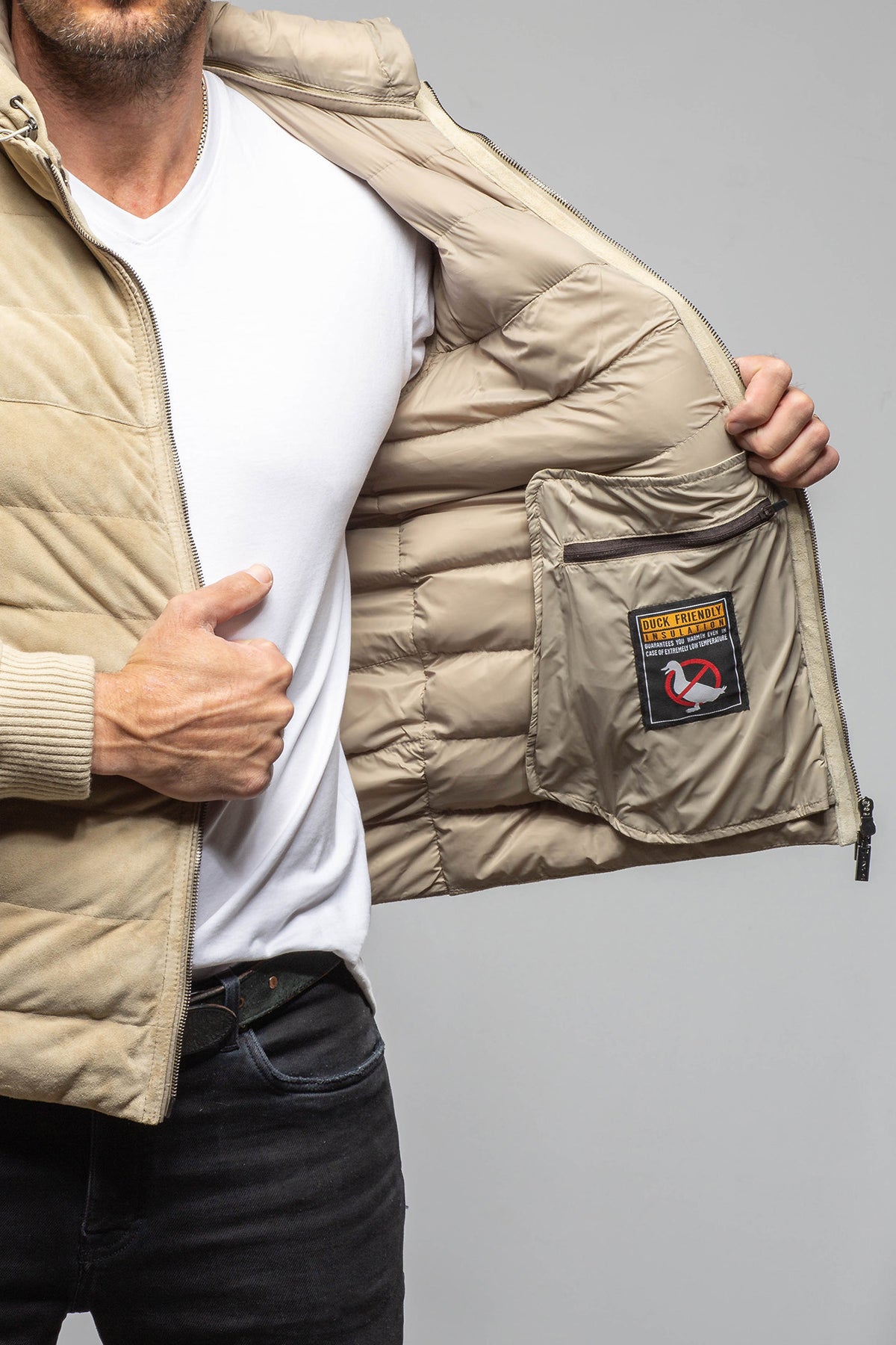 Loki Suede Puffer Jacket In Palomino - AXEL'S