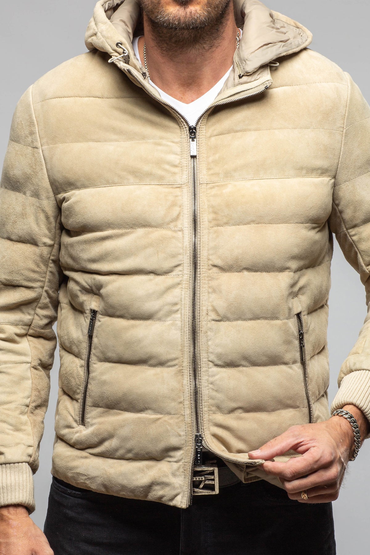 Loki Suede Puffer Jacket In Palomino - AXEL'S
