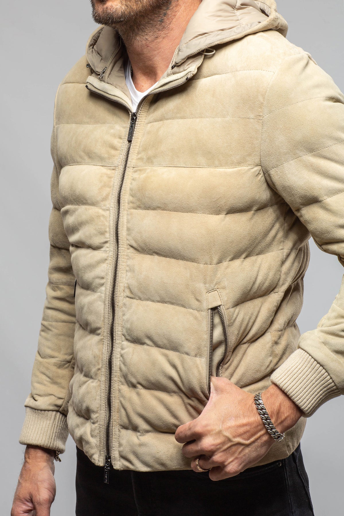 Loki Suede Puffer Jacket In Palomino - AXEL'S