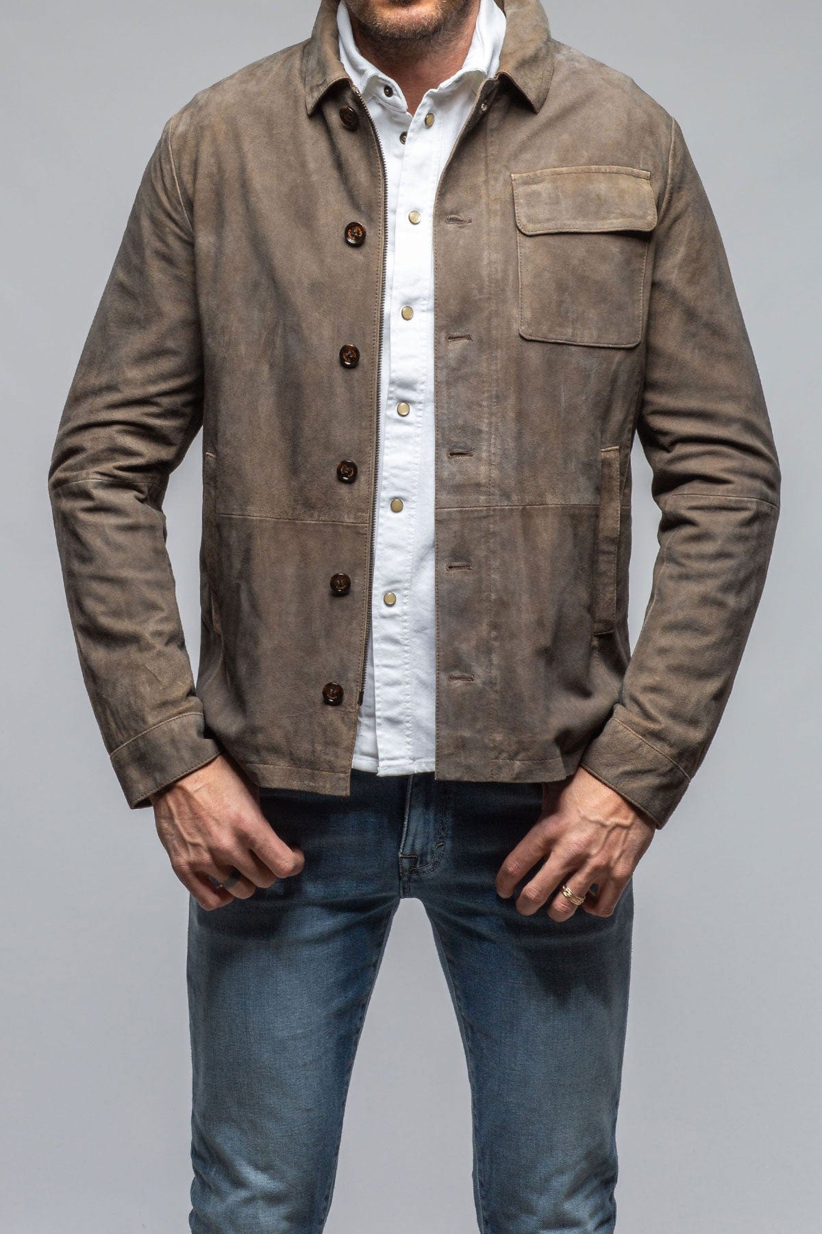 Oakley Suede Shirt Jacket In Mushroom - AXEL'S