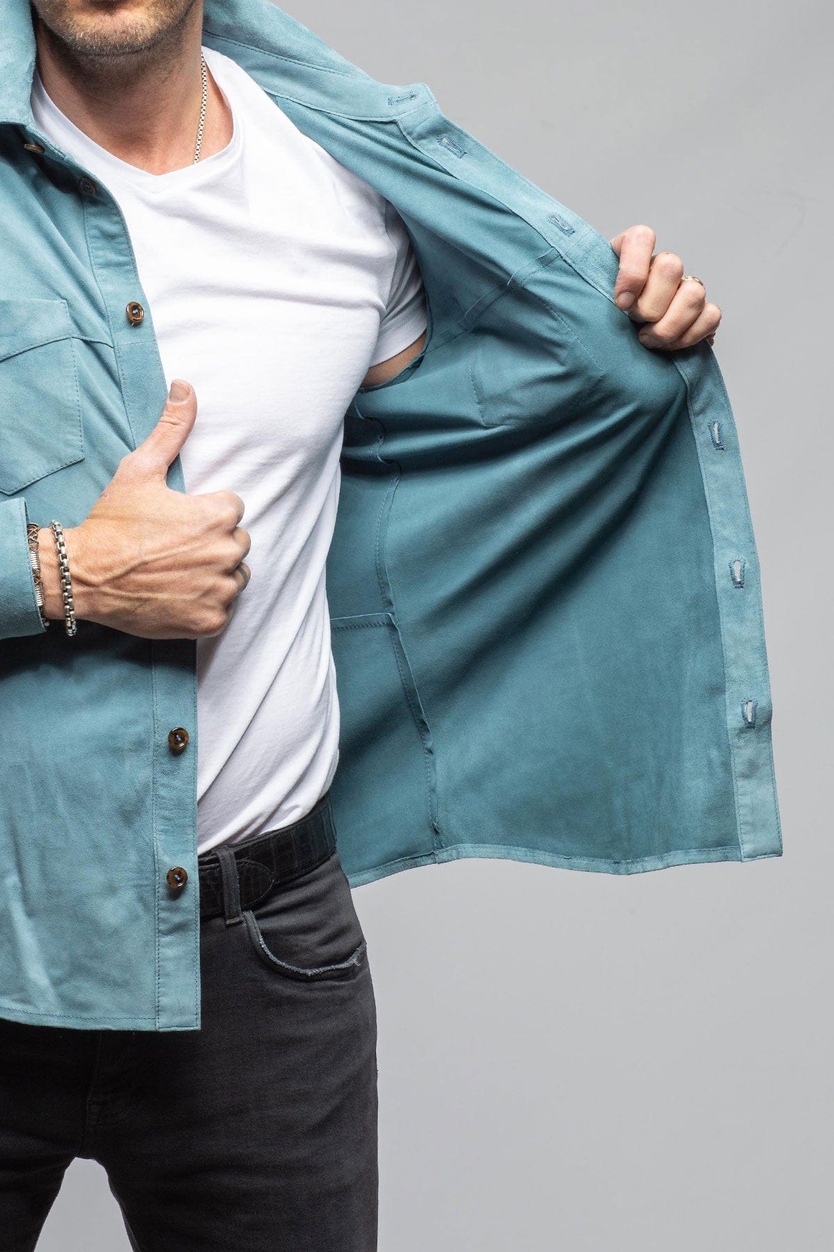 Gimo's Red River Suede Western Shirt In Blue Mens - Outerwear - Leather