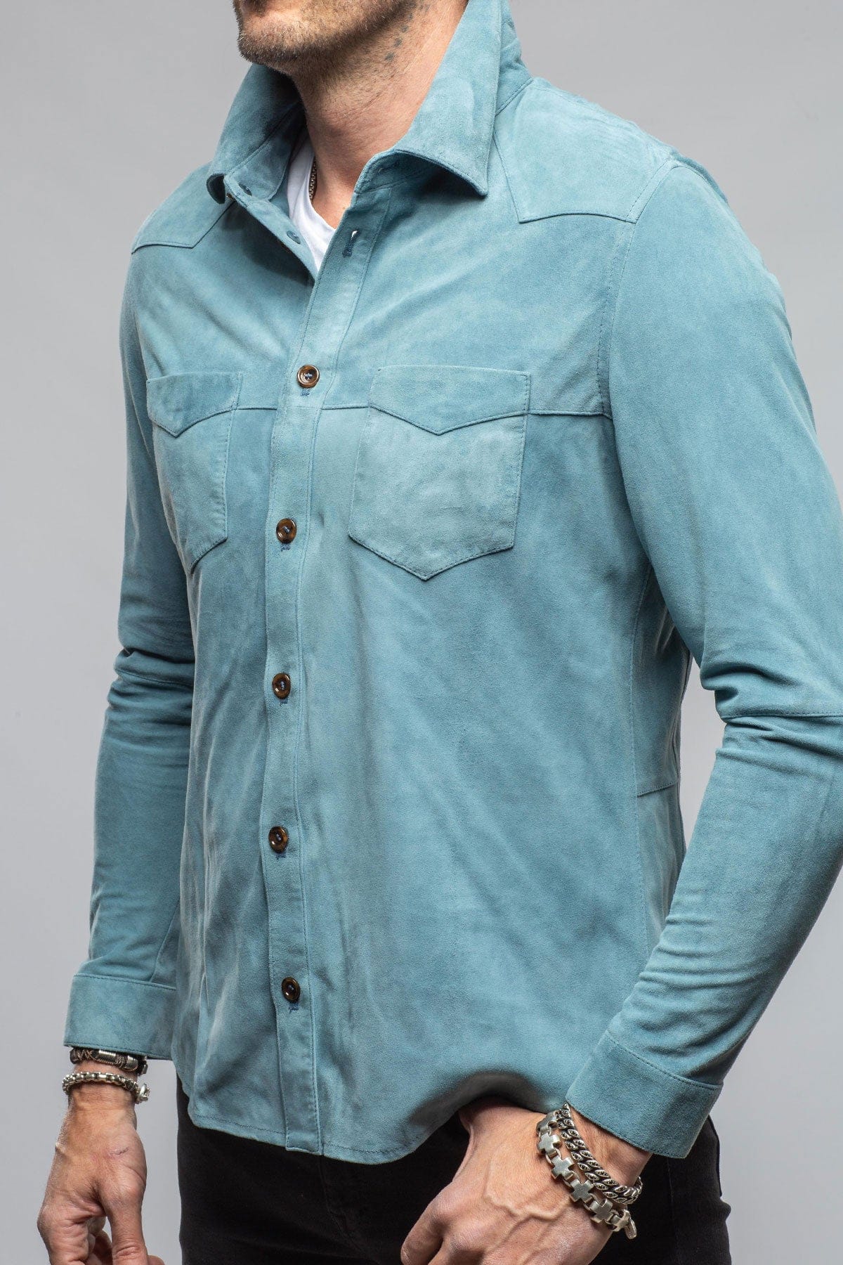 Gimo's Red River Suede Western Shirt In Blue Mens - Outerwear - Leather