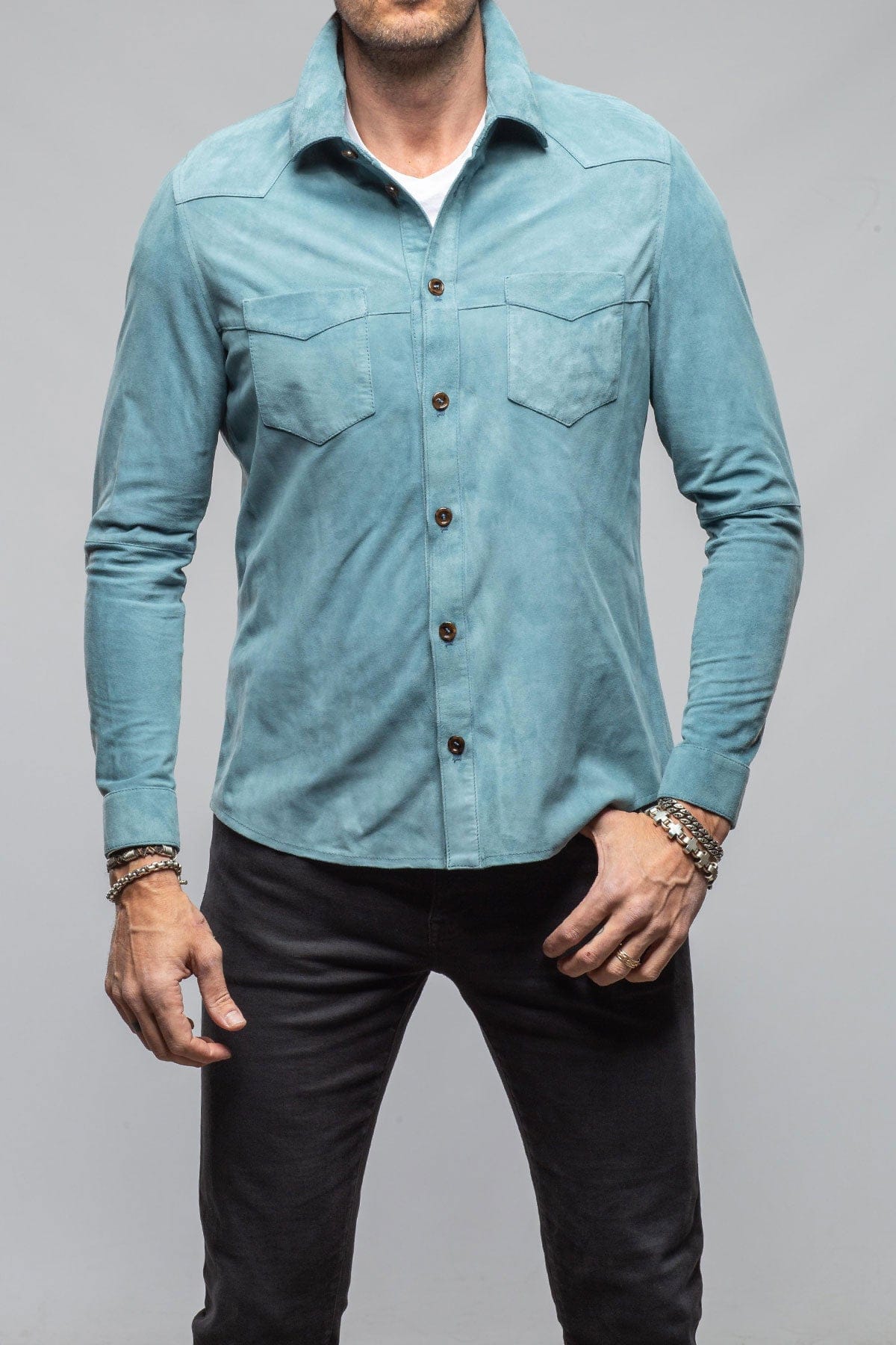 Gimo's Red River Suede Western Shirt In Blue Mens - Outerwear - Leather