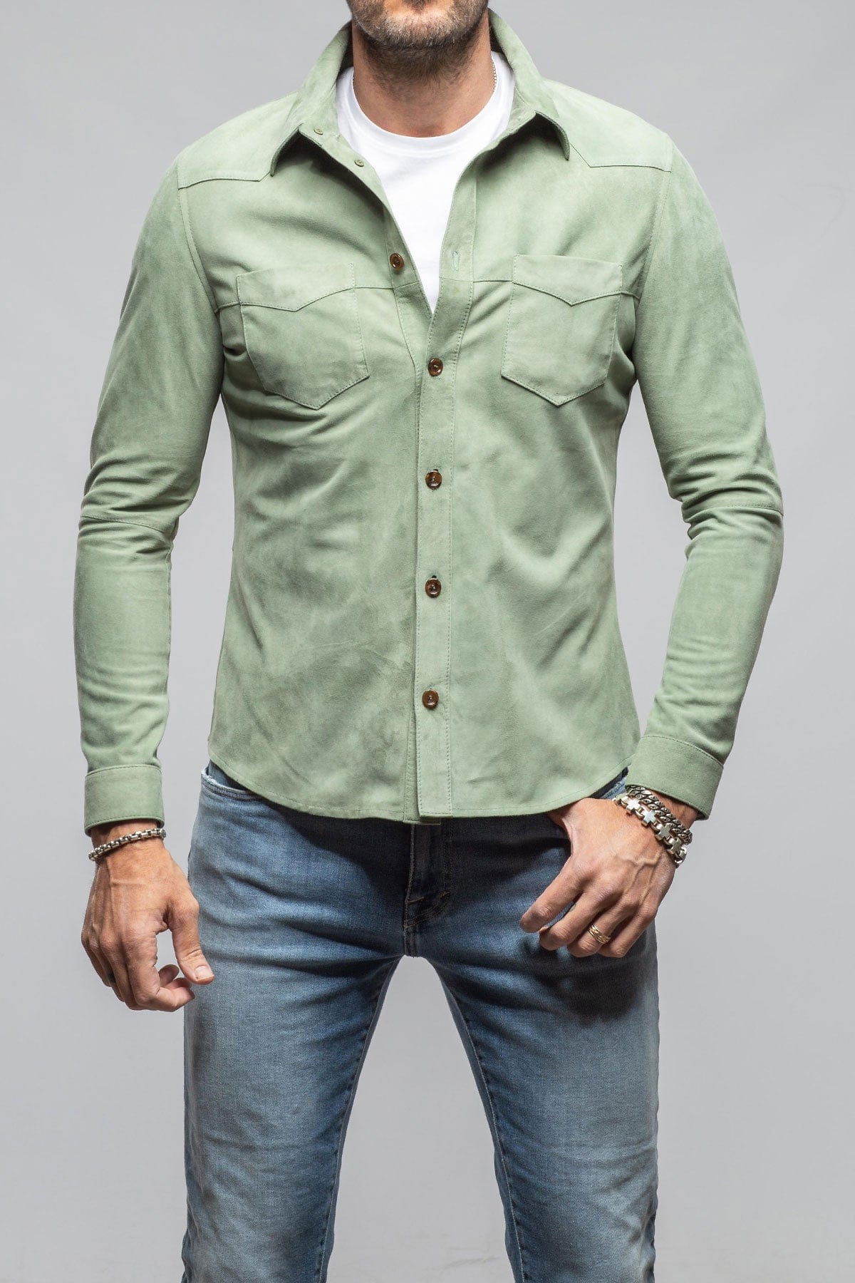 Gimo's Red River Suede Western Shirt In Green Mens - Outerwear - Leather