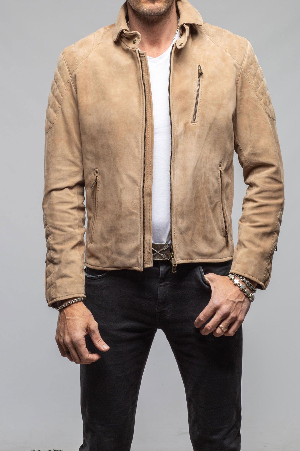 Heinz Bauer Arrow Suede Moto Jacket In Faun Mens - Outerwear - Leather