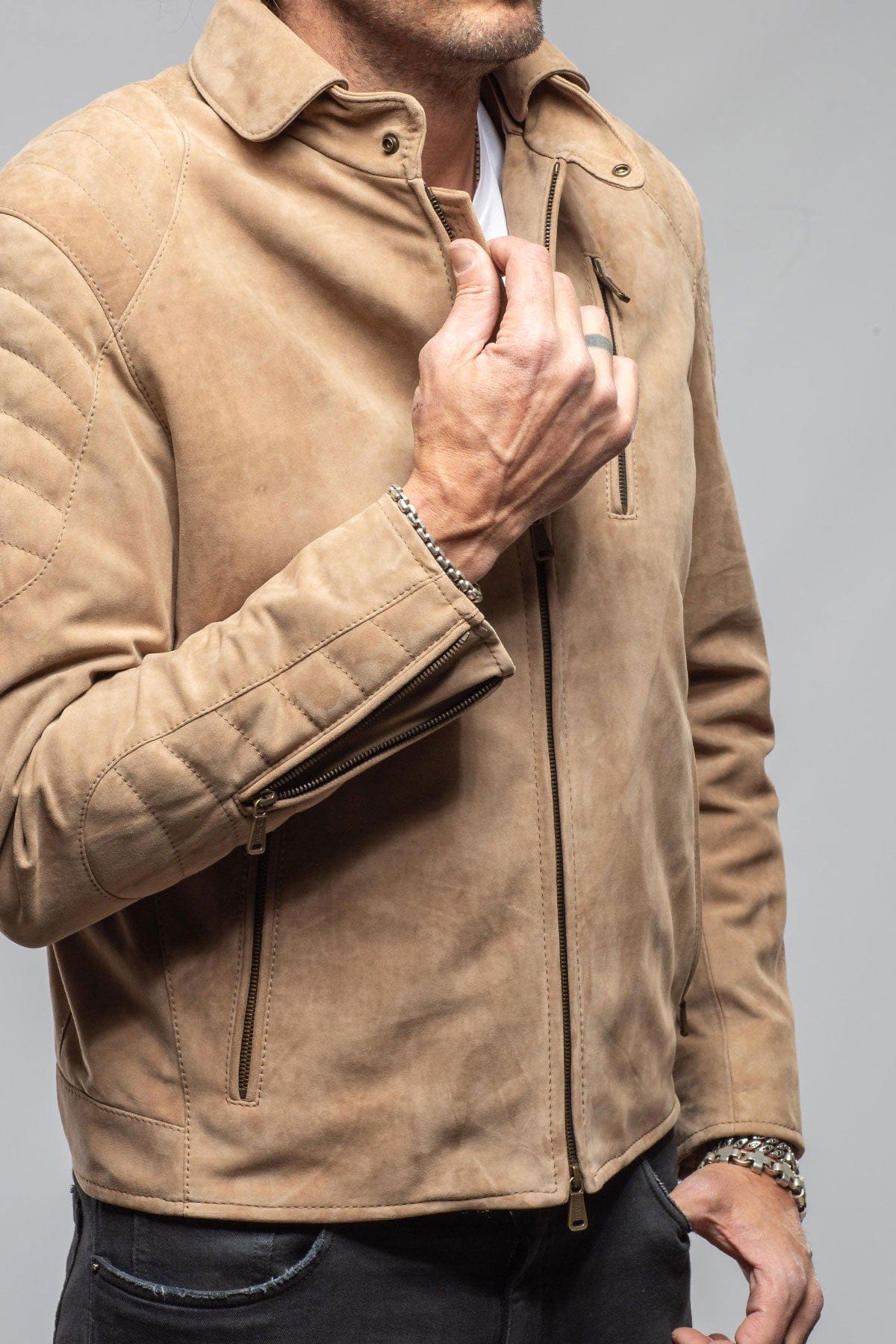 Heinz Bauer Arrow Suede Moto Jacket In Faun Mens - Outerwear - Leather