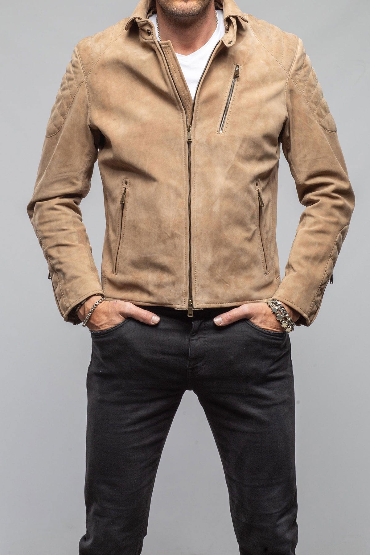 Heinz Bauer Arrow Suede Moto Jacket In Faun Mens - Outerwear - Leather