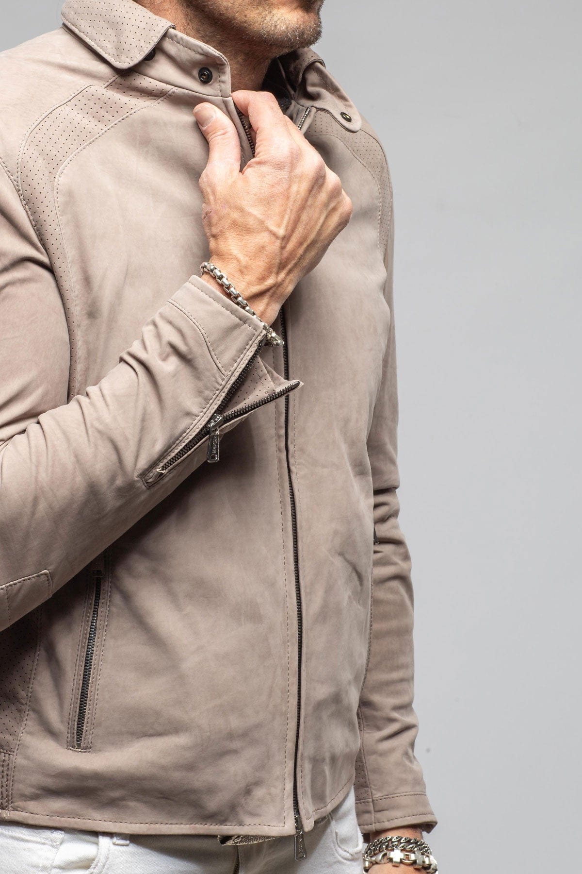 Heinz Bauer San Remo Race Jacket In Grey Sand Mens - Outerwear - Leather