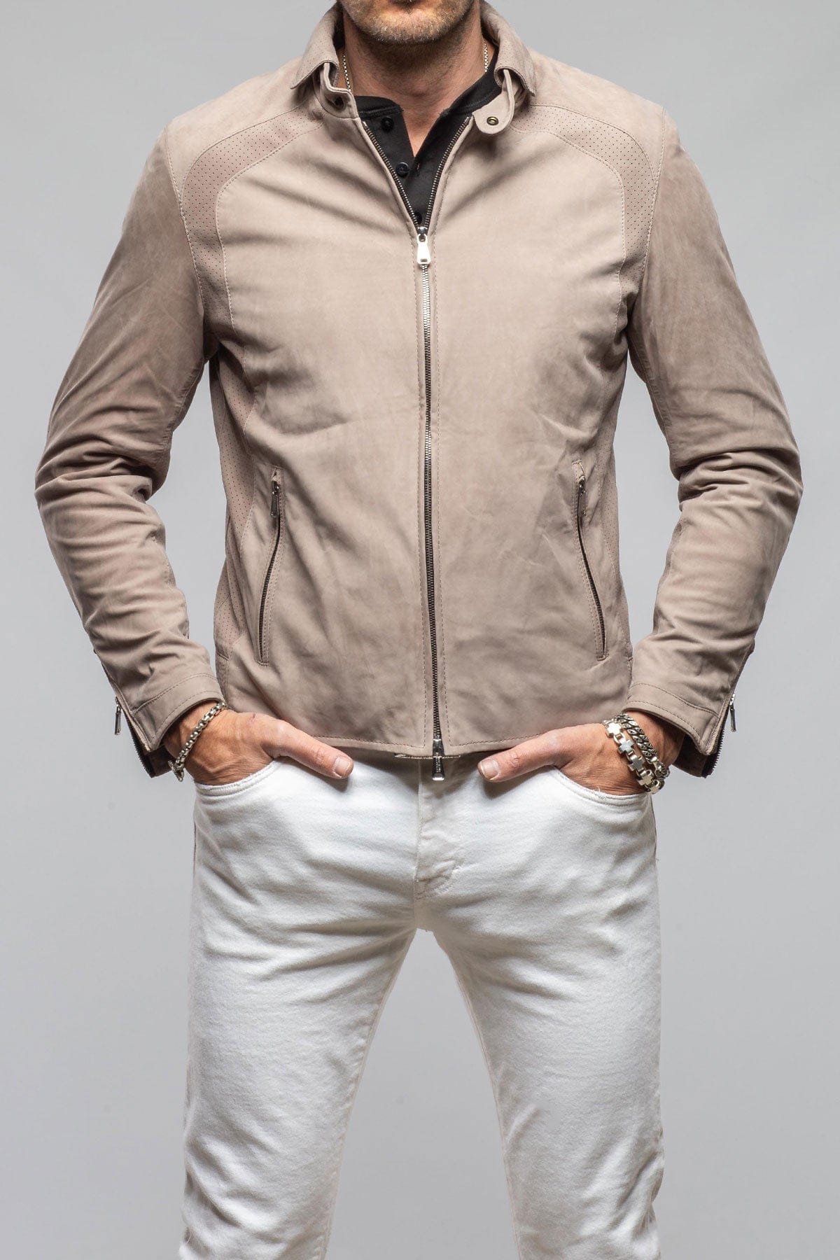 Heinz Bauer San Remo Race Jacket In Grey Sand Mens - Outerwear - Leather