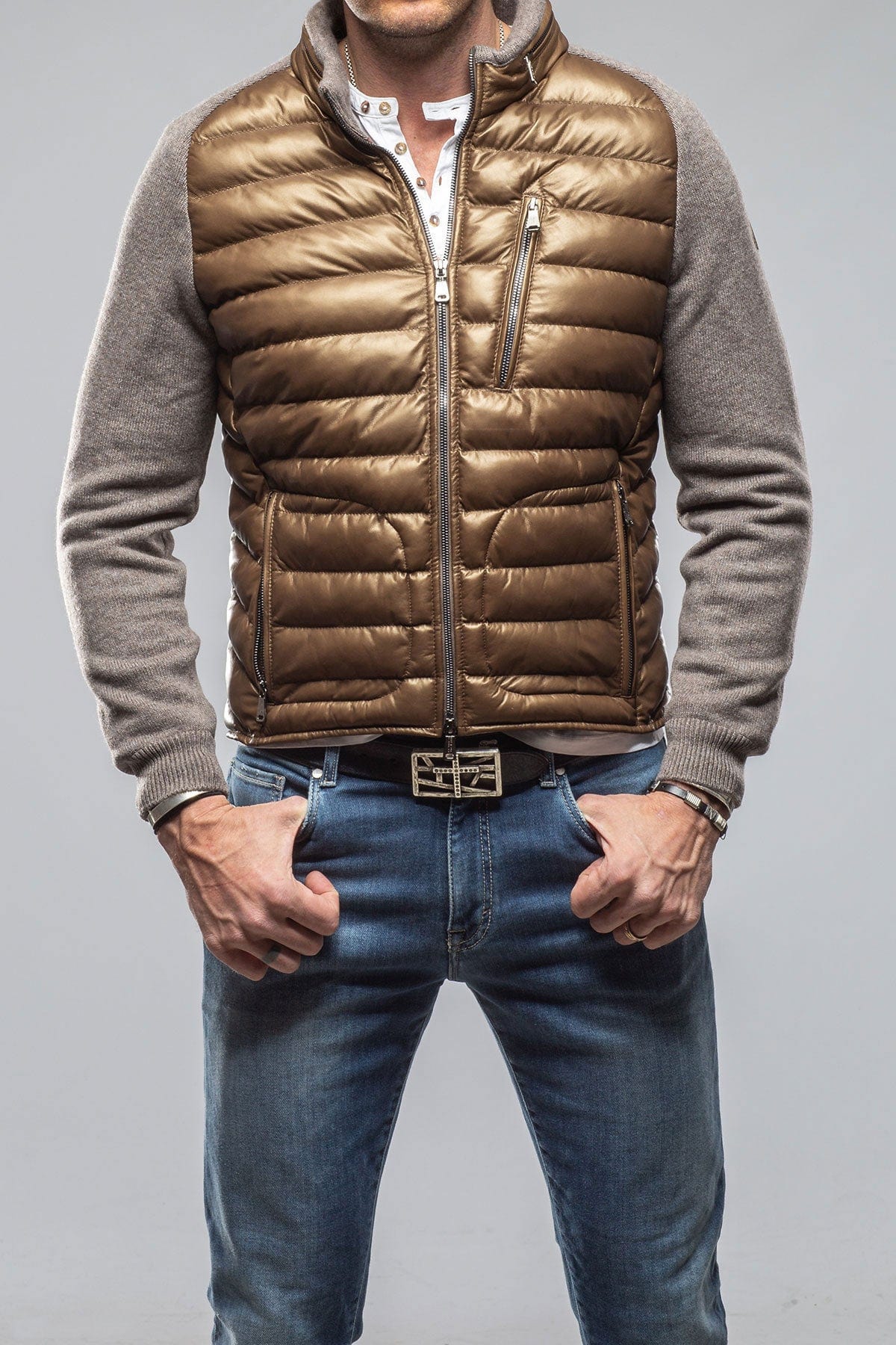 Heinz Bauer Sepang Sweater Jacket In Copper and Grey Mens - Outerwear - Leather