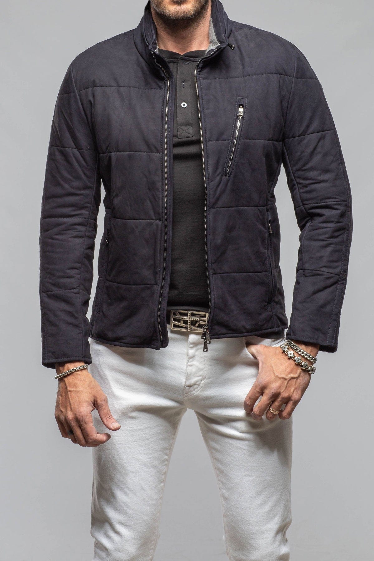 Heinz Bauer Stinger Suede Nubuck Jacket In Navy Metal Mens - Outerwear - Leather