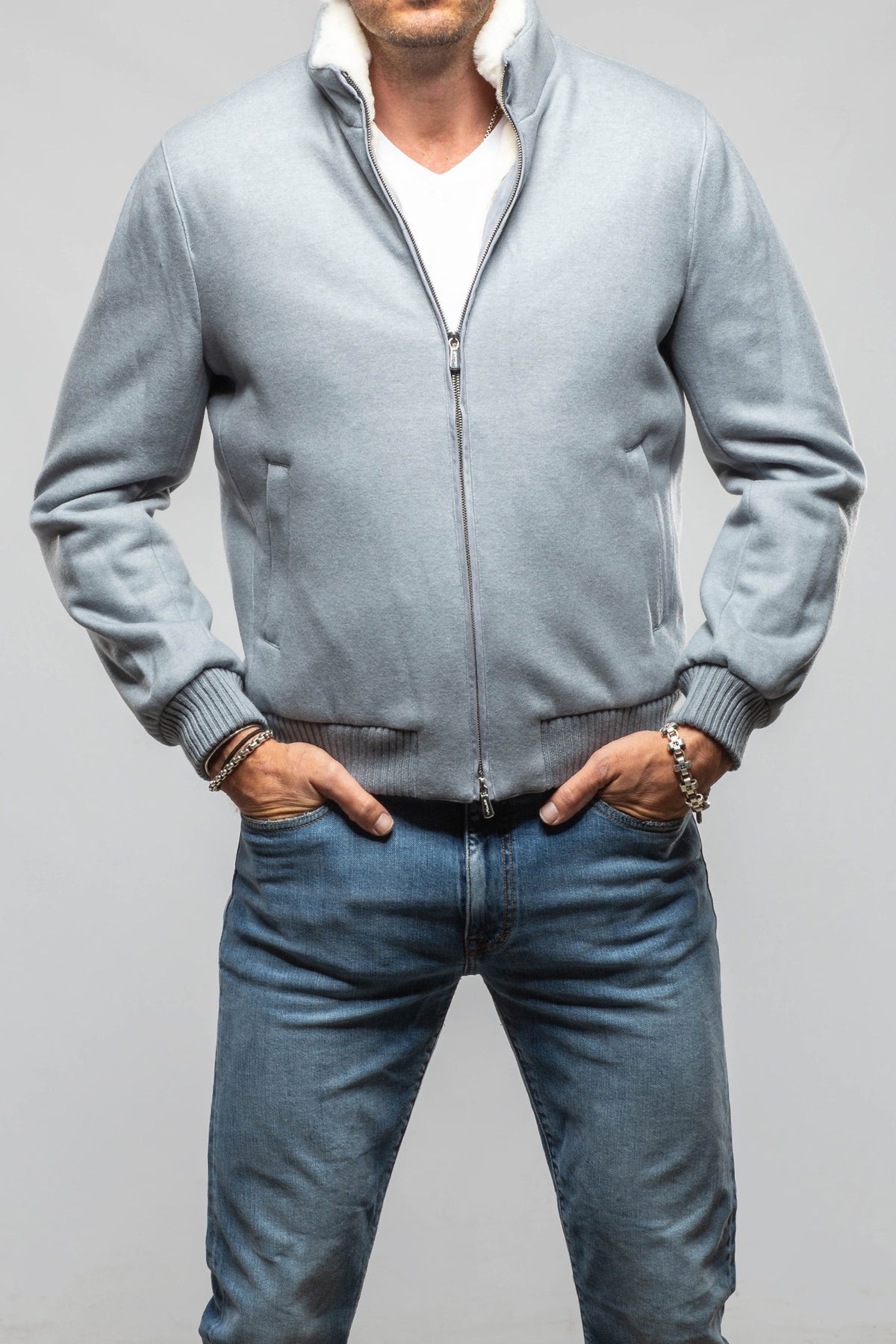 Mandelli Freeman Cashmere Mink Jacket In Light Blue Mens - Outerwear - Cloth