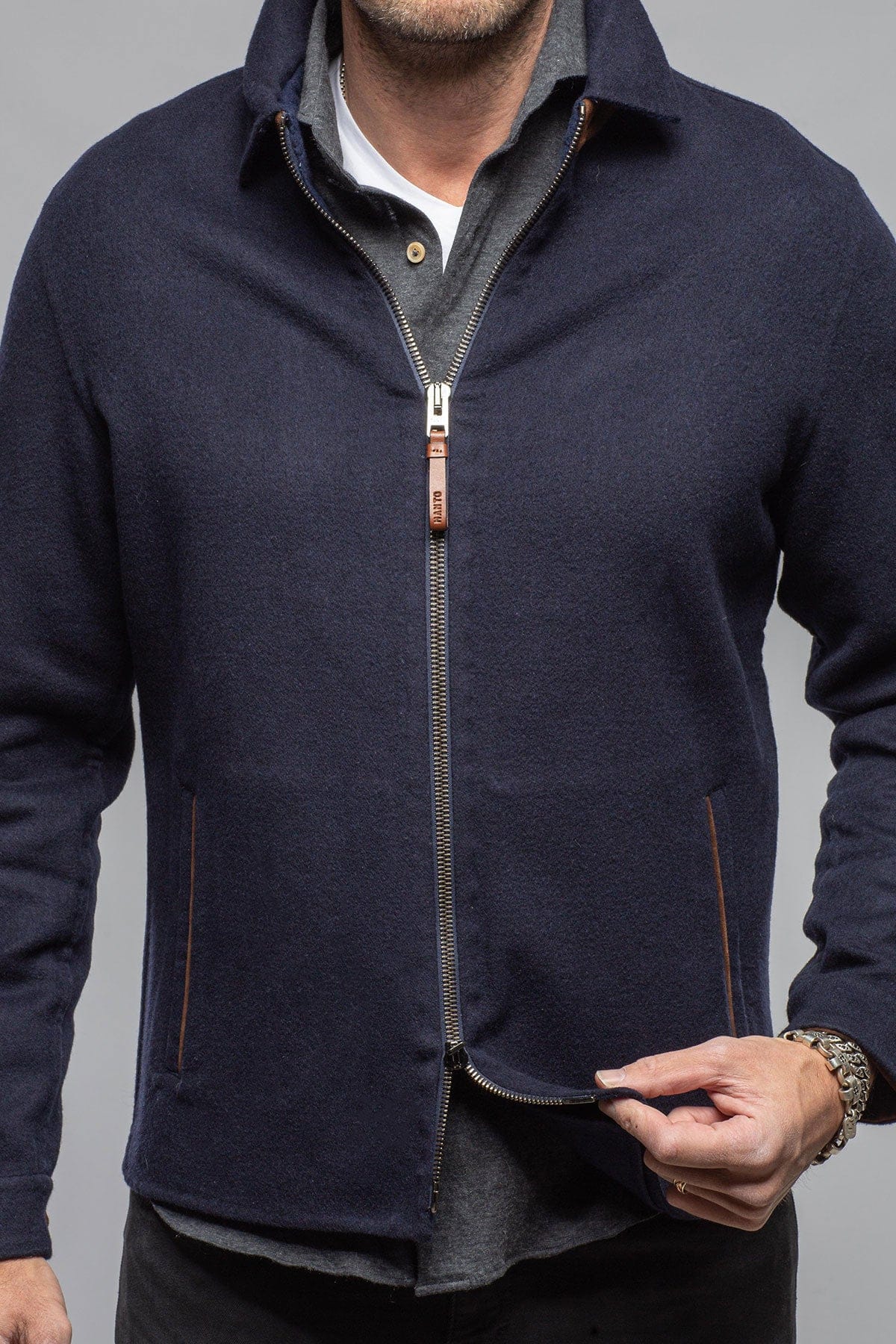 Manto Boulder Zip Jacket In Navy Wool-Silk Blend Mens - Outerwear - Cloth