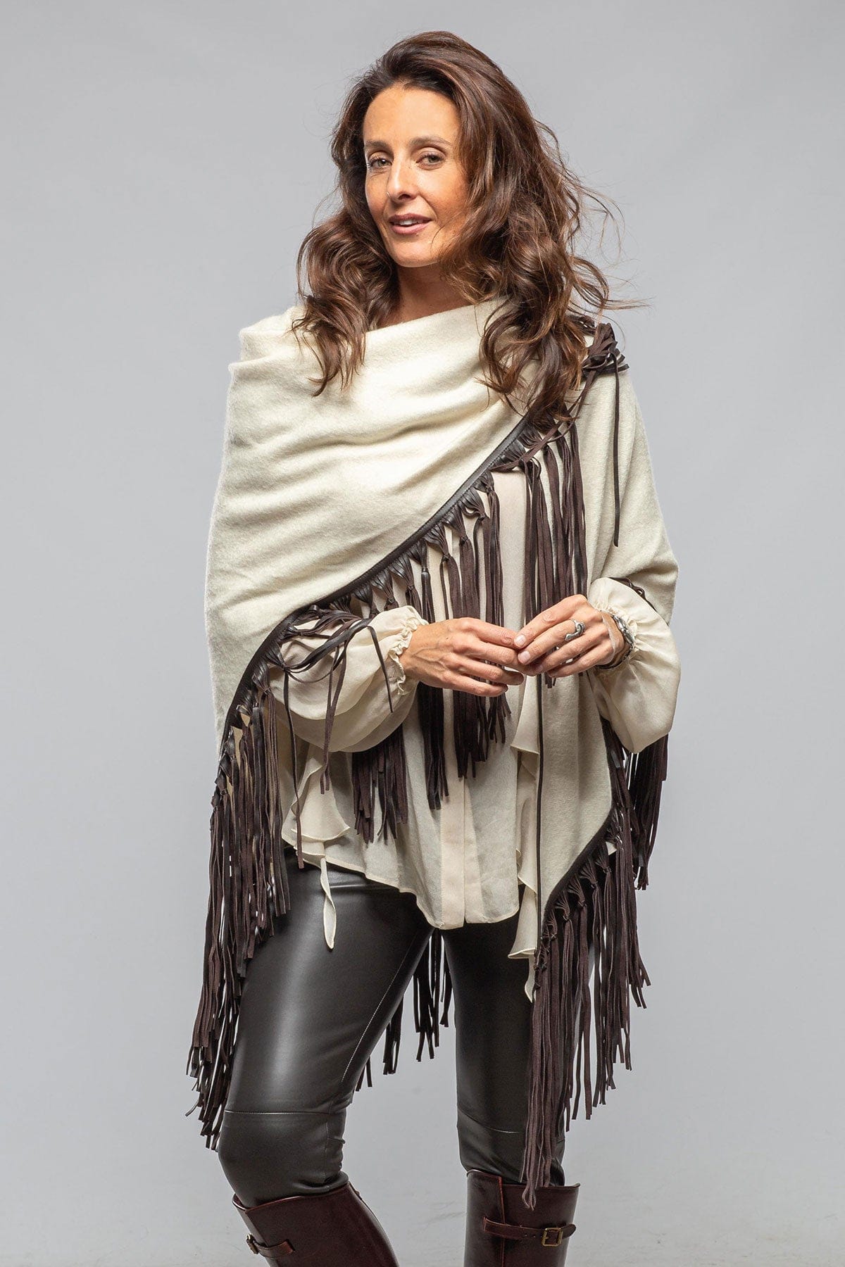 Miraggio Ponderosa Cashmere Ecru Shawl W/ Chocolate Plonge Fringe Ladies - Accessories - Scarves
