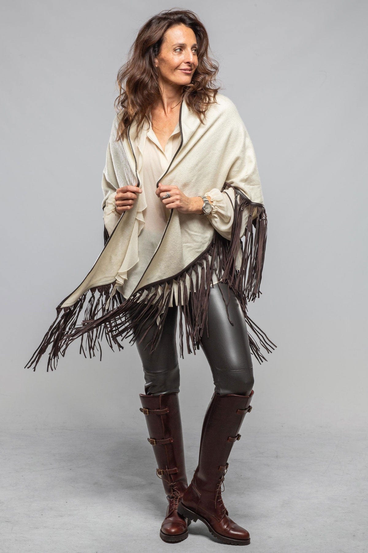 Ponderosa Cashmere Ecru Shawl W/ Chocolate Plonge Fringe - AXEL'S