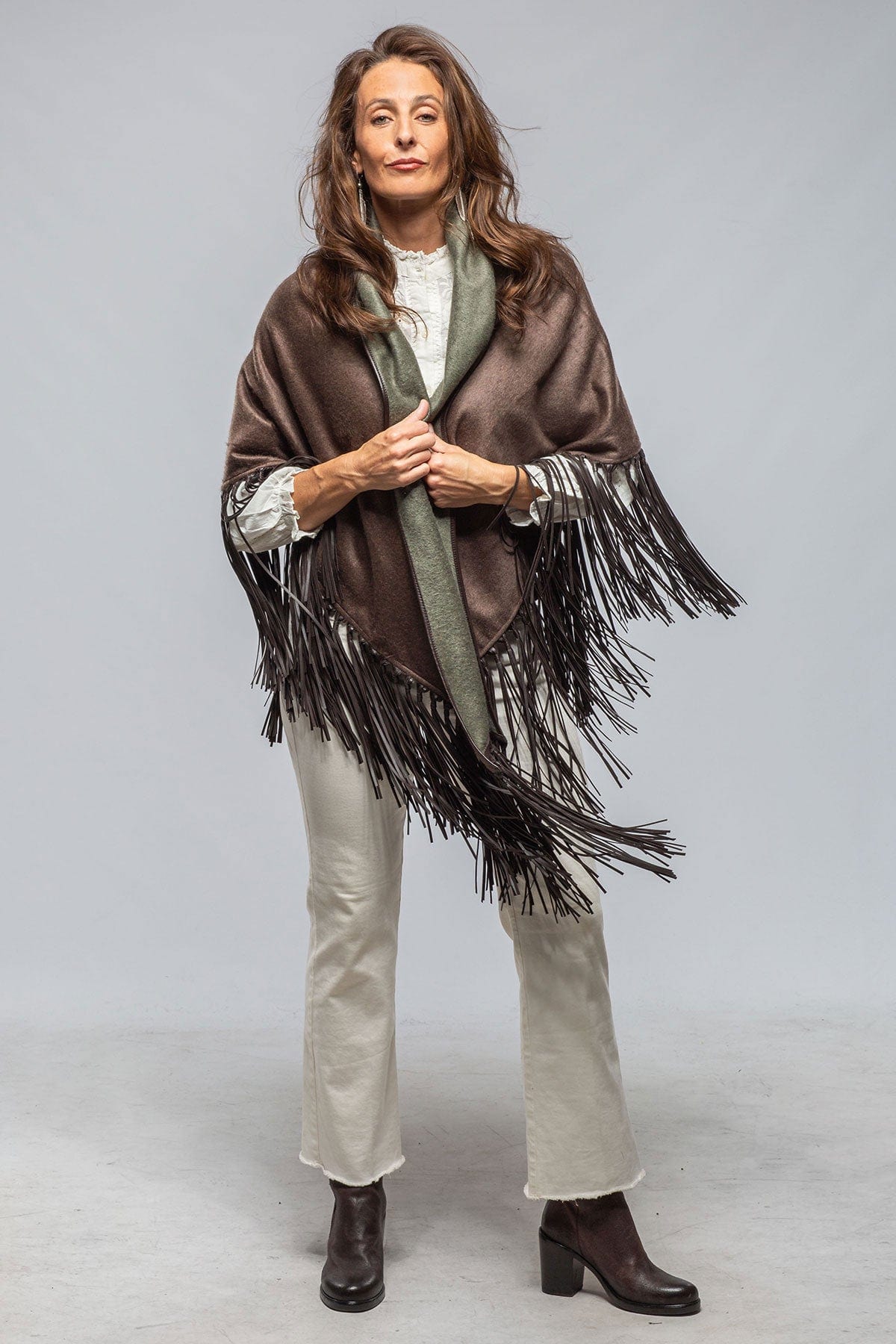 Ponderosa Reversible Cashmere Fringe Shawl In Olive/Taupe - AXEL'S