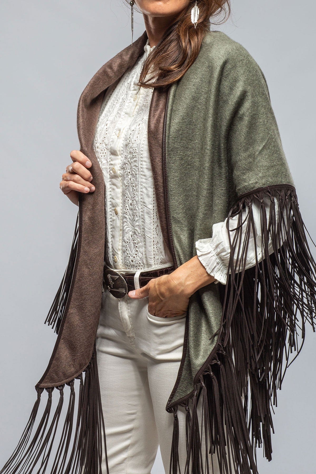 Ponderosa Reversible Cashmere Fringe Shawl In Olive/Taupe - AXEL'S