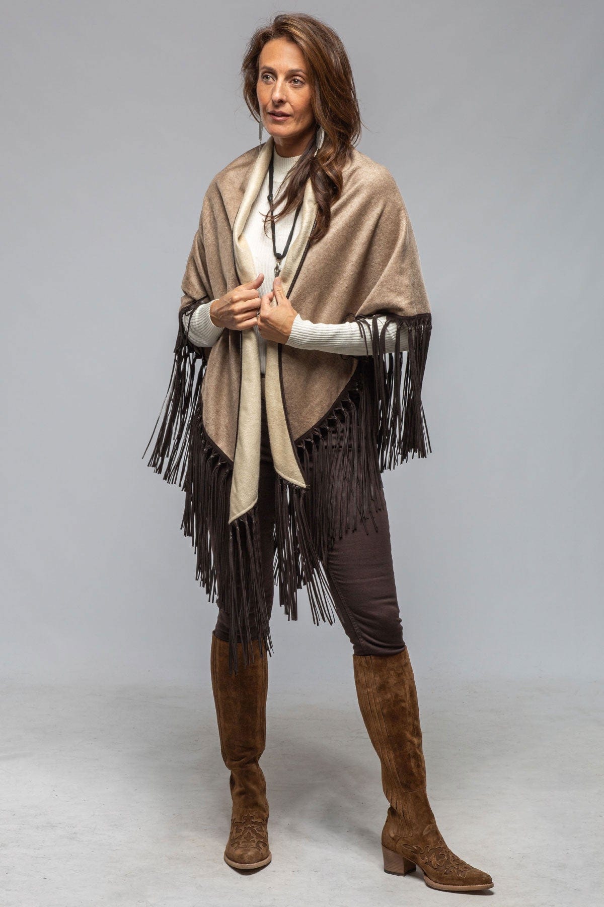 Ponderosa Reversible Cashmere Fringe Shawl In Rust/Camel - AXEL'S