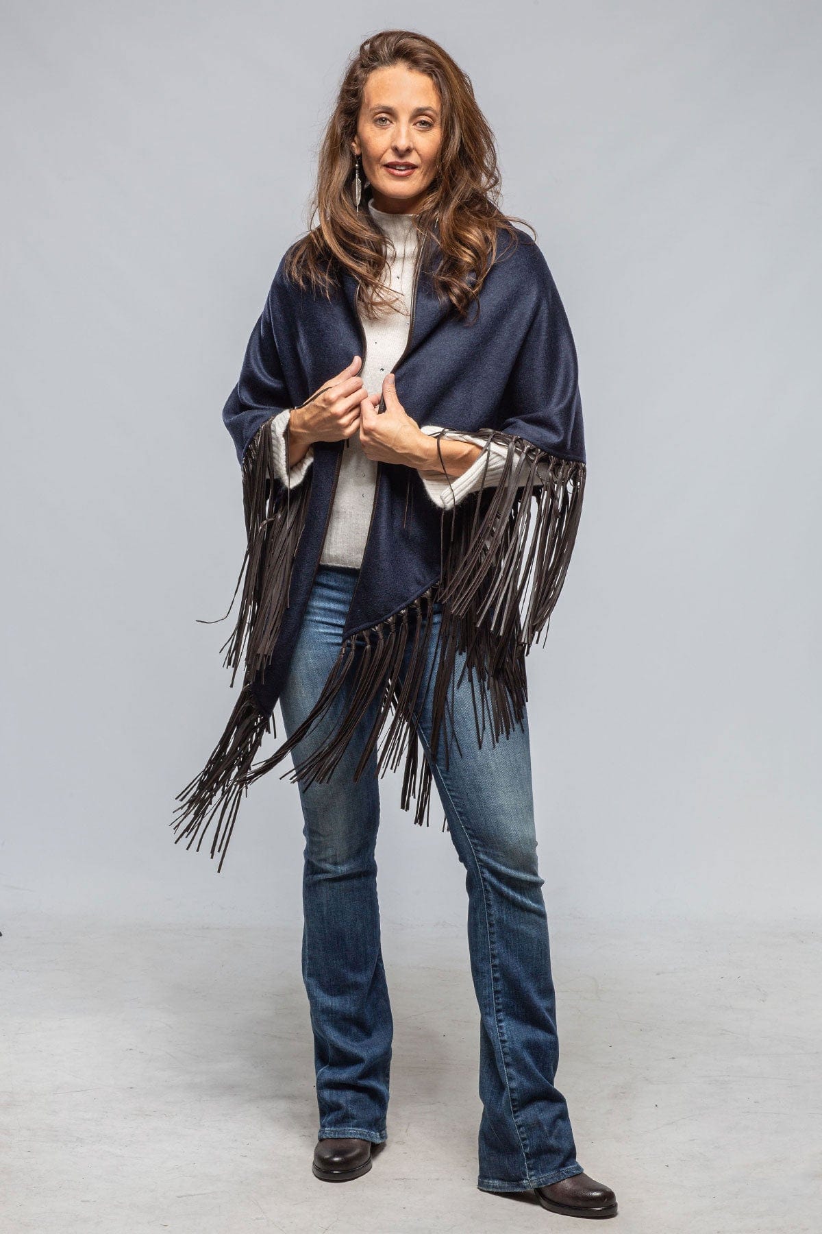 Ponderosa Reversible Cashmere Fringe Shawl In Midnight/ Black - AXEL'S