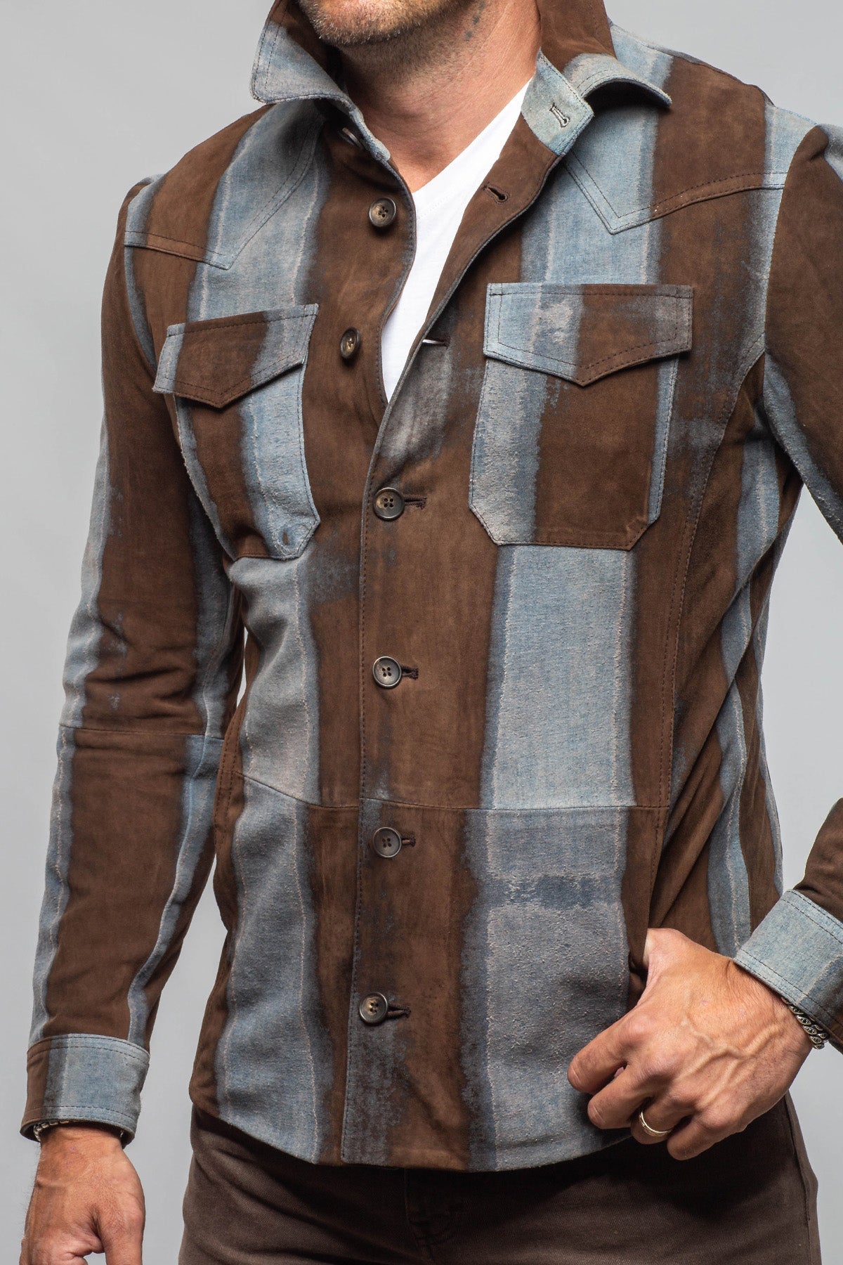 Rebel Two Distressed Shirt In Caffè Denim - AXEL'S