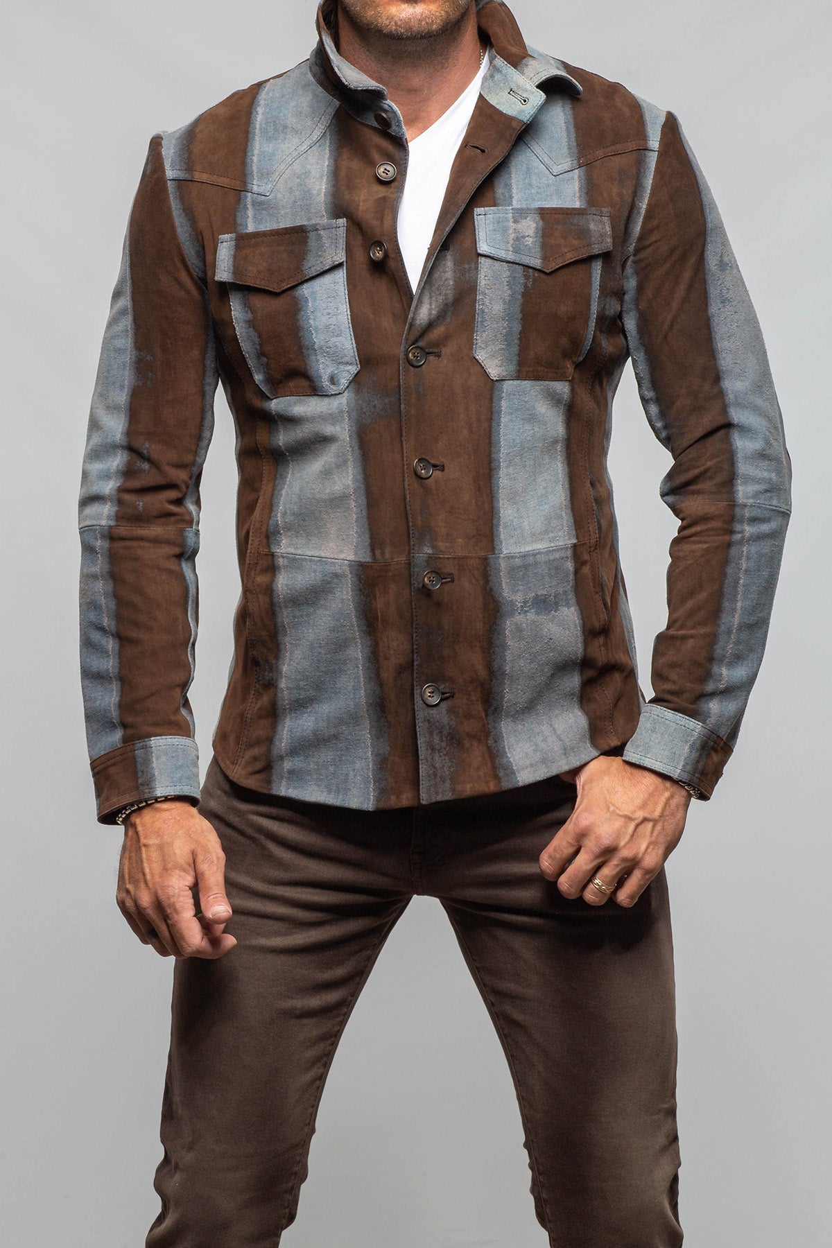 Rebel Two Distressed Shirt In Caffè Denim - AXEL'S