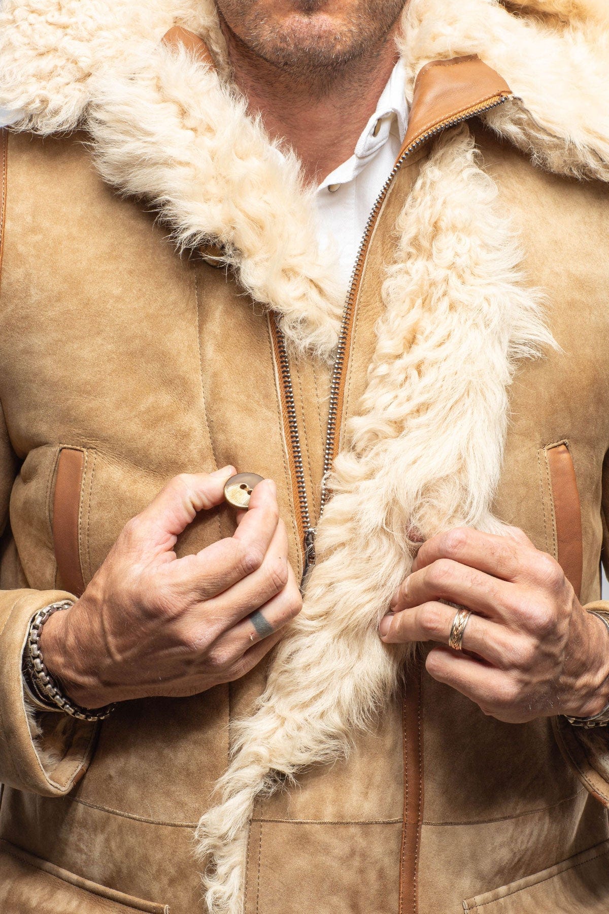 Rustic Mid length Shearling In Champagne - AXEL'S