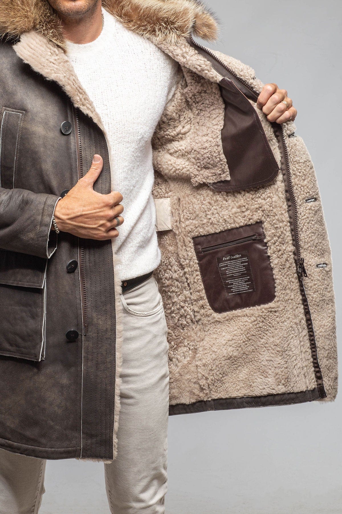 Rustic Mid length Shearling In Natural Rock - AXEL'S