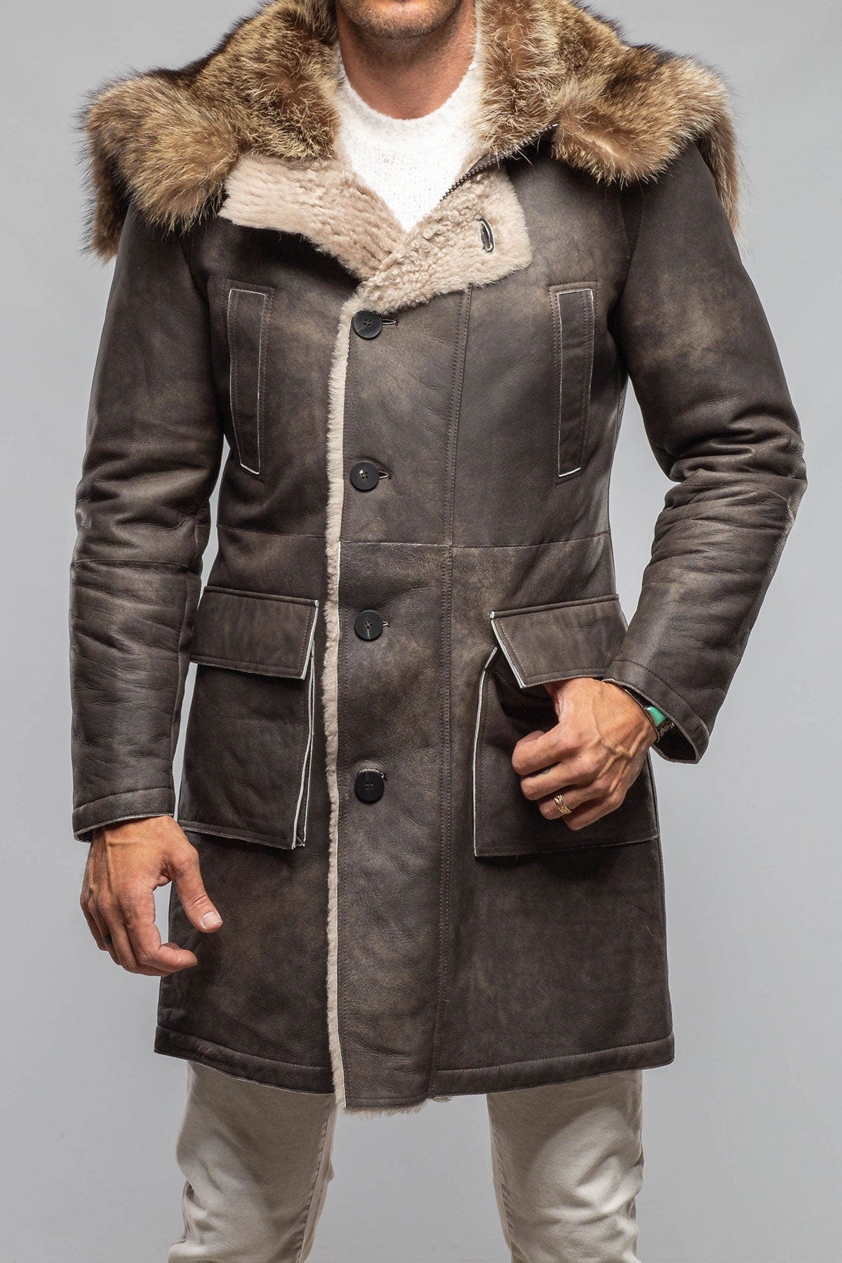 Rustic Mid length Shearling In Natural Rock - AXEL'S