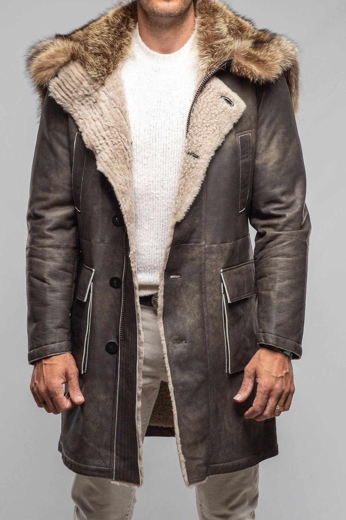 Rustic Mid length Shearling In Natural Rock - AXEL'S