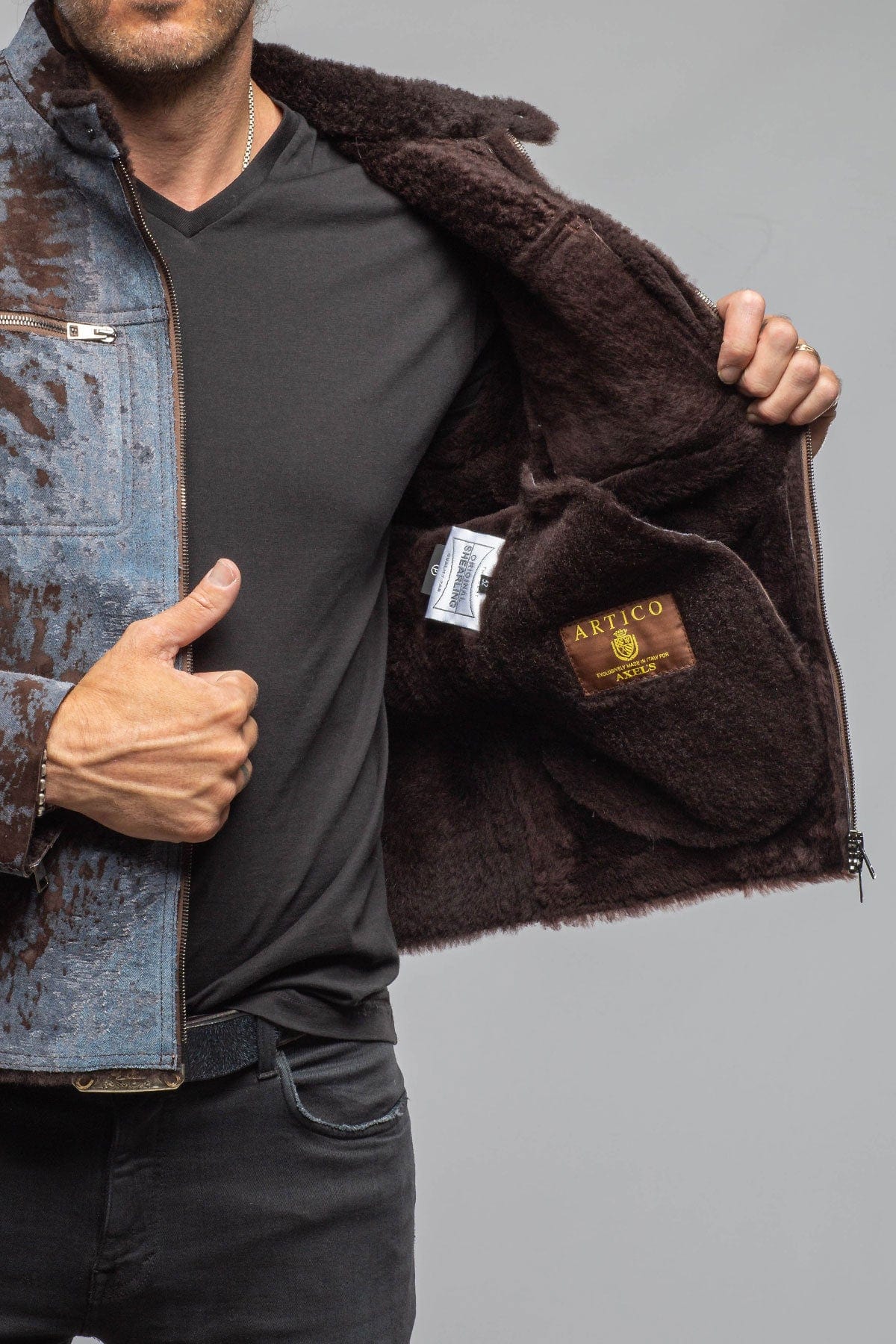 Jean Shearling Moto In Distressed Brown - AXEL'S