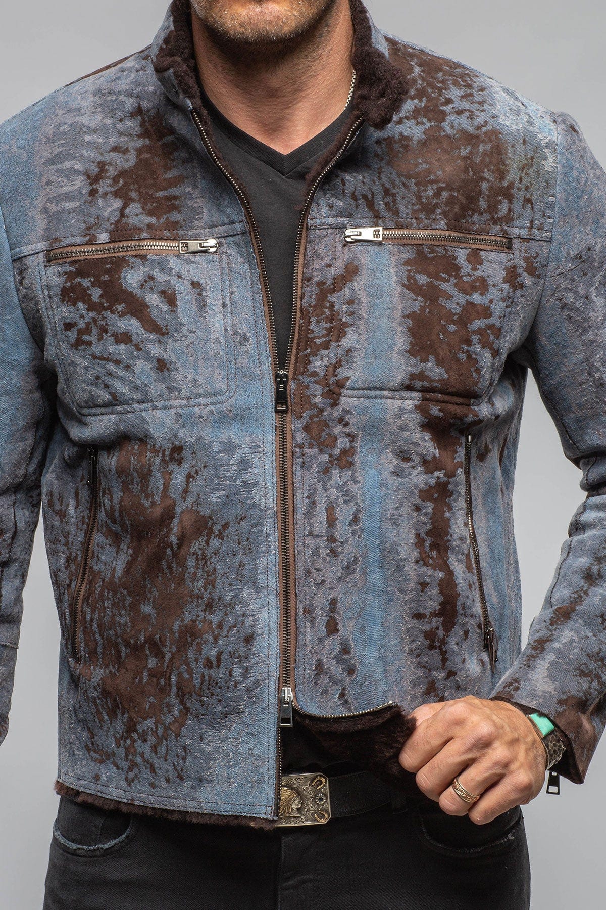 Jean Shearling Moto In Distressed Brown - AXEL'S