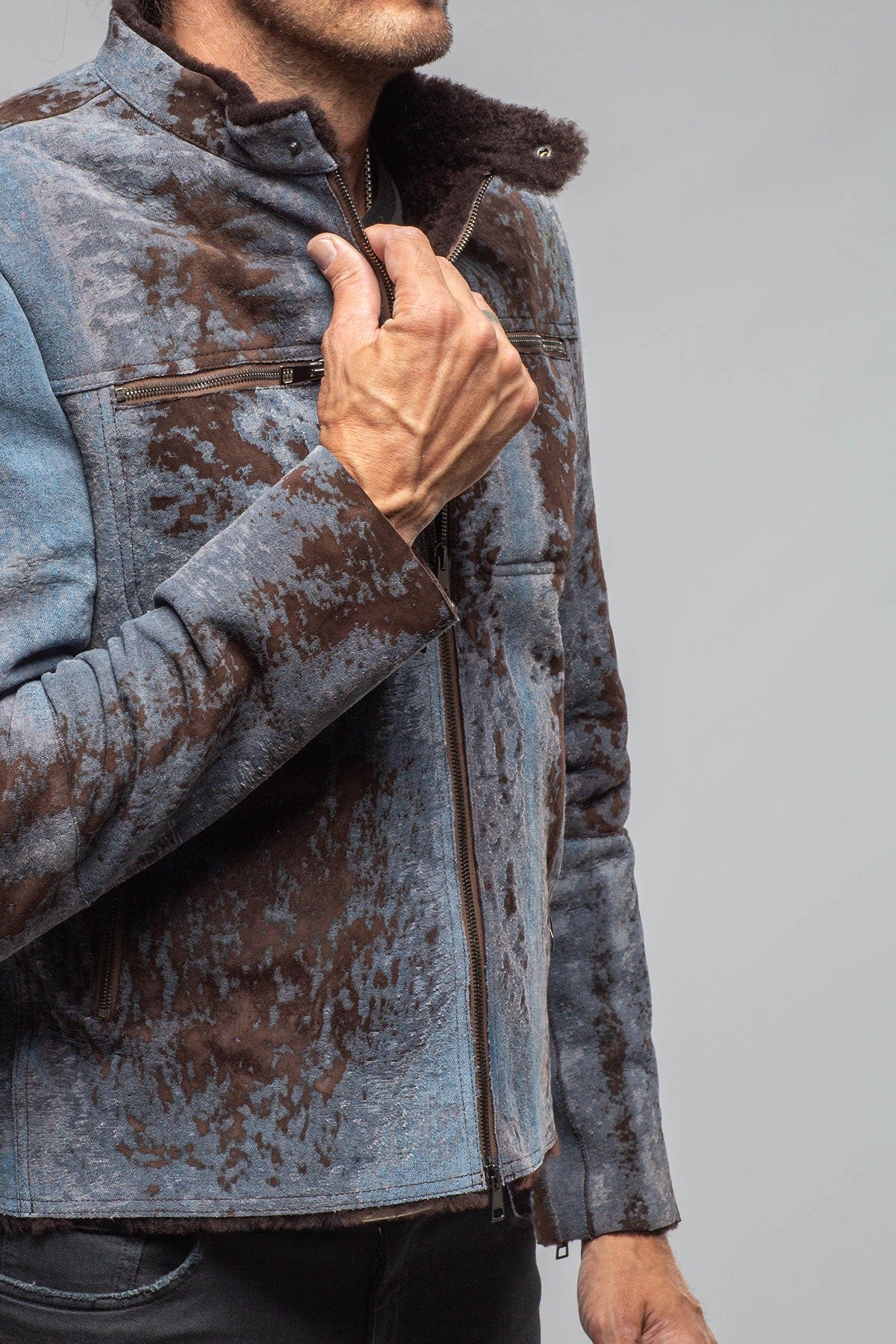 Jean Shearling Moto In Distressed Brown - AXEL'S