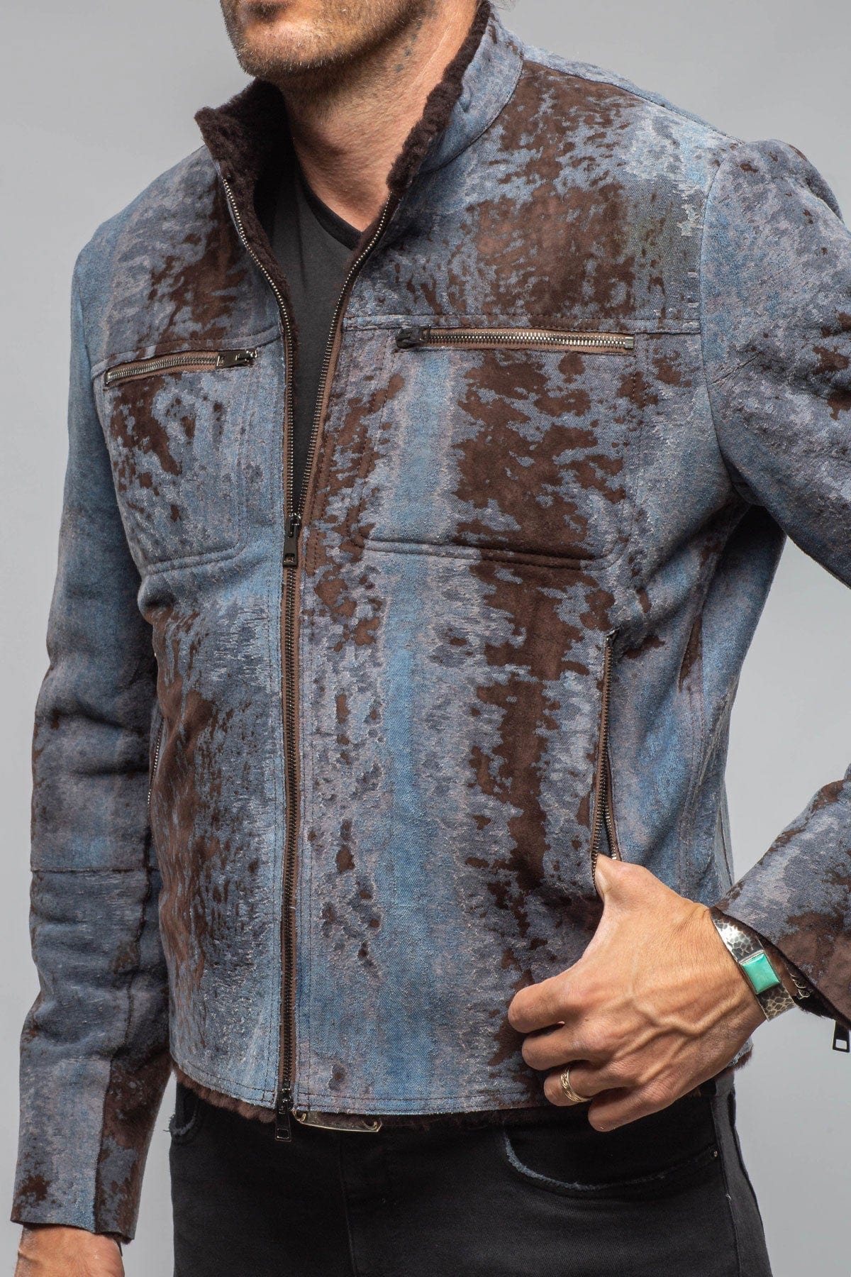 Jean Shearling Moto In Distressed Brown - AXEL'S
