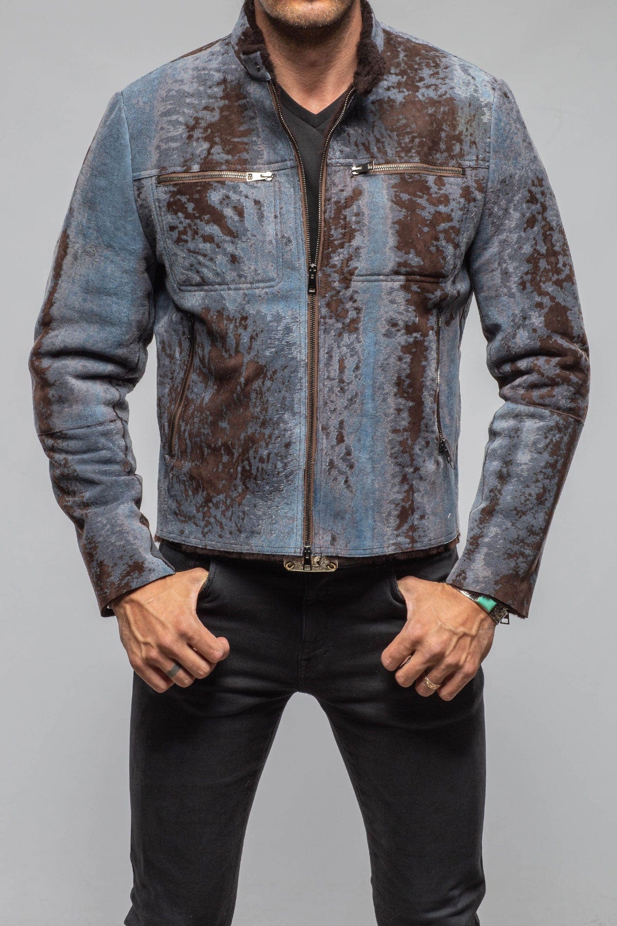 Jean Shearling Moto In Distressed Brown - AXEL'S