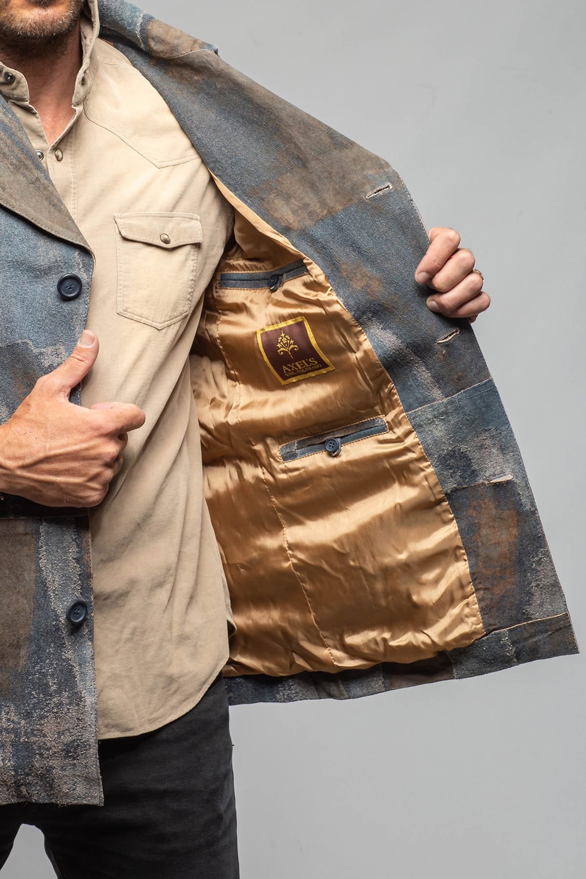 Red Stone Collection Sindri Suede Denim Coat In Cognac Blue Mens - Outerwear - Leather