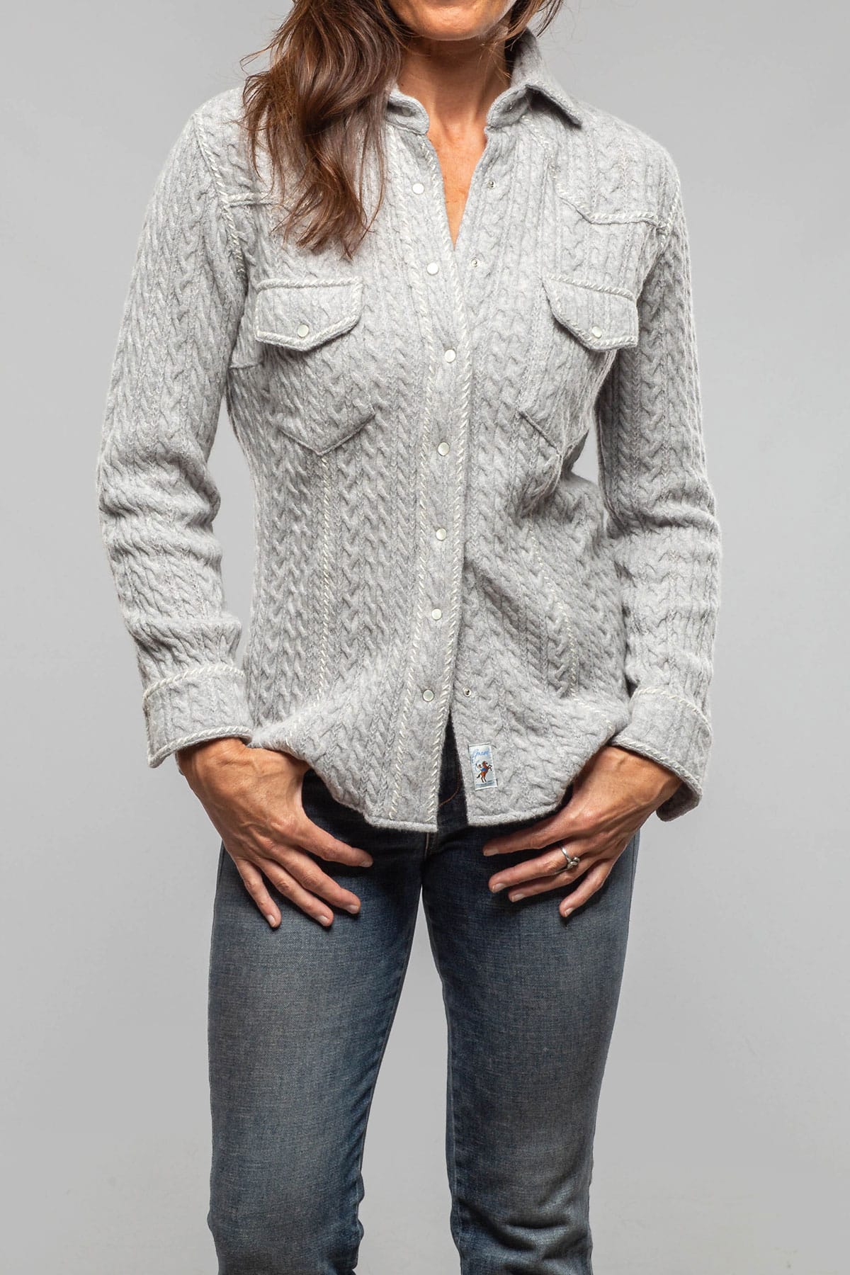 Richard Grand Annabel Cable Cashmere Western Shirt In Light Grey Pearl Ladies - Tops
