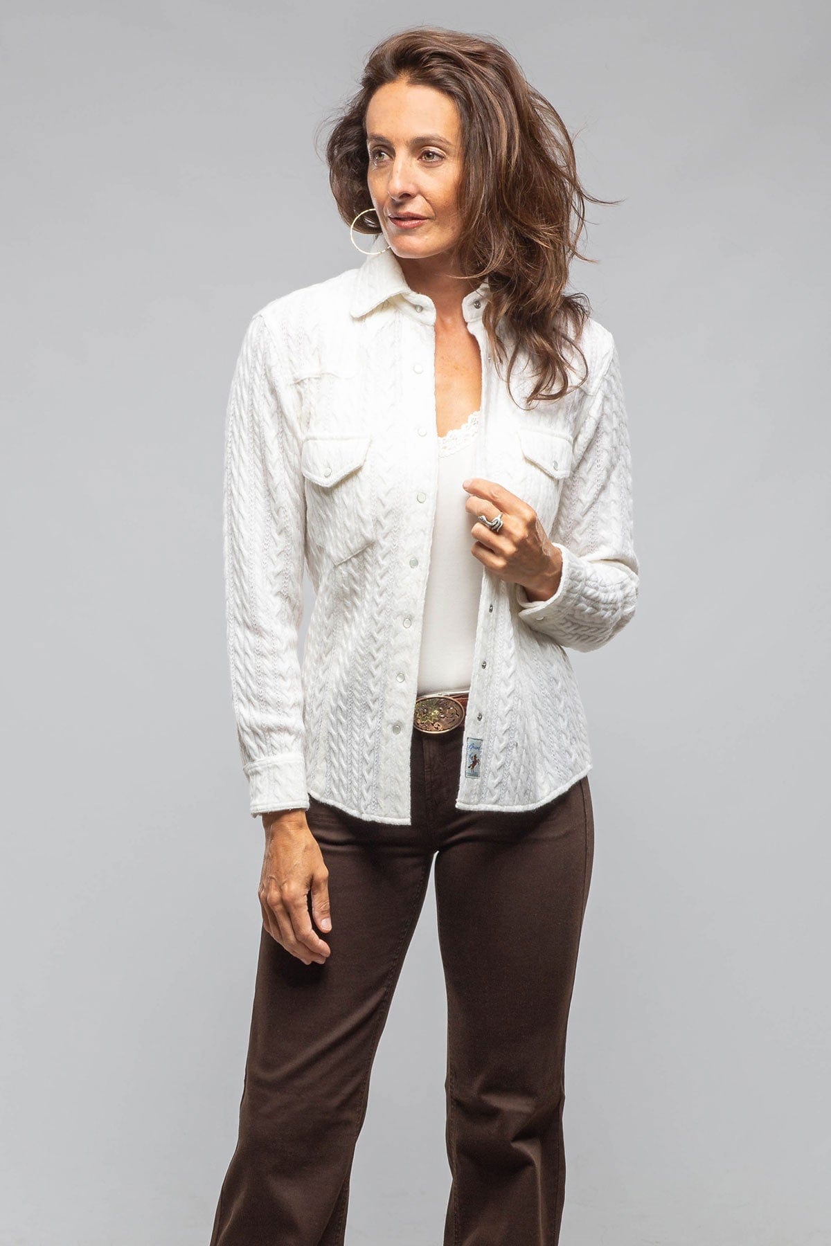 Annabel Cable Cashmere Western Shirt In White - AXEL'S