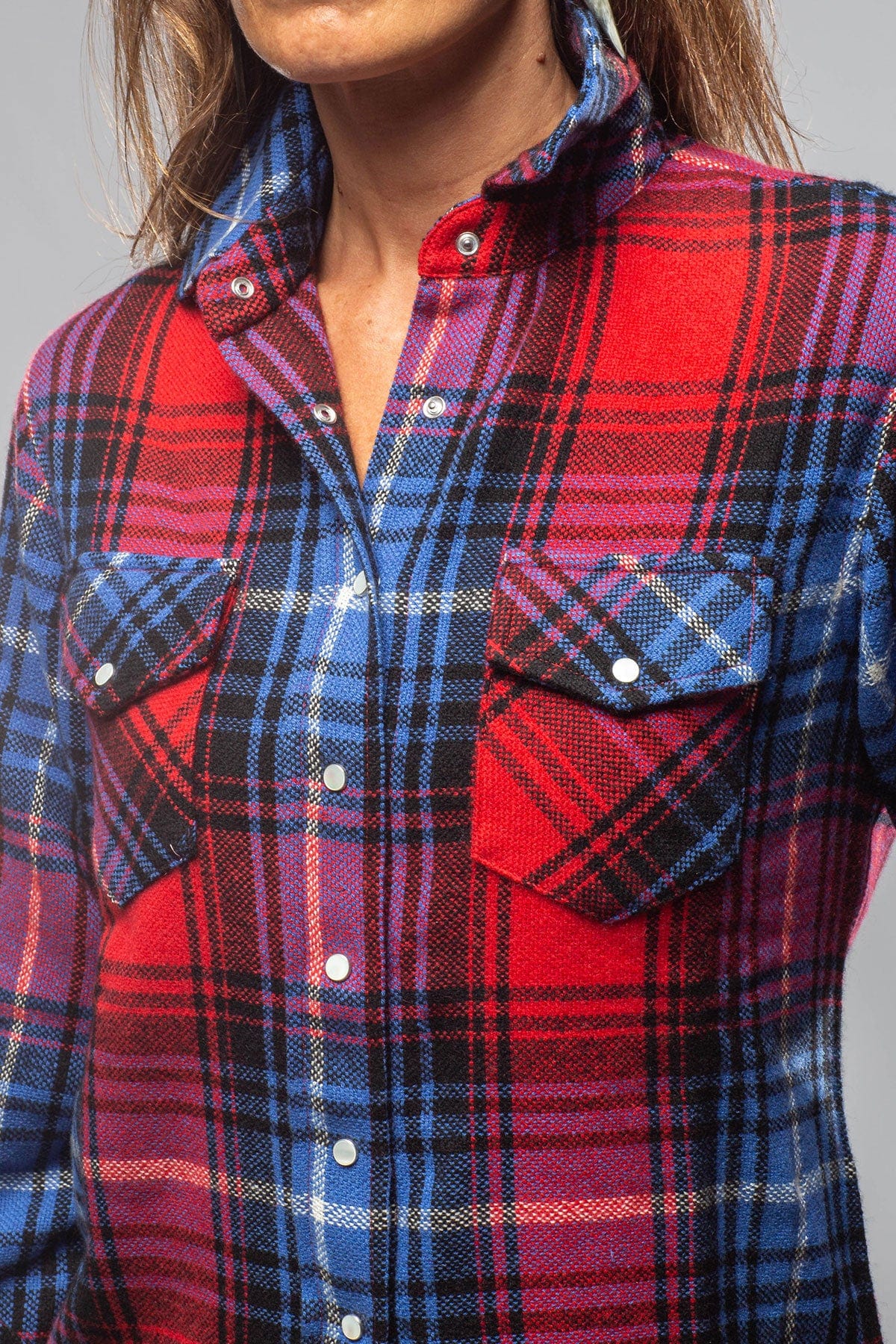 Firepit Plaid Cashmere Western Shirt In Red Cobalt - AXEL'S