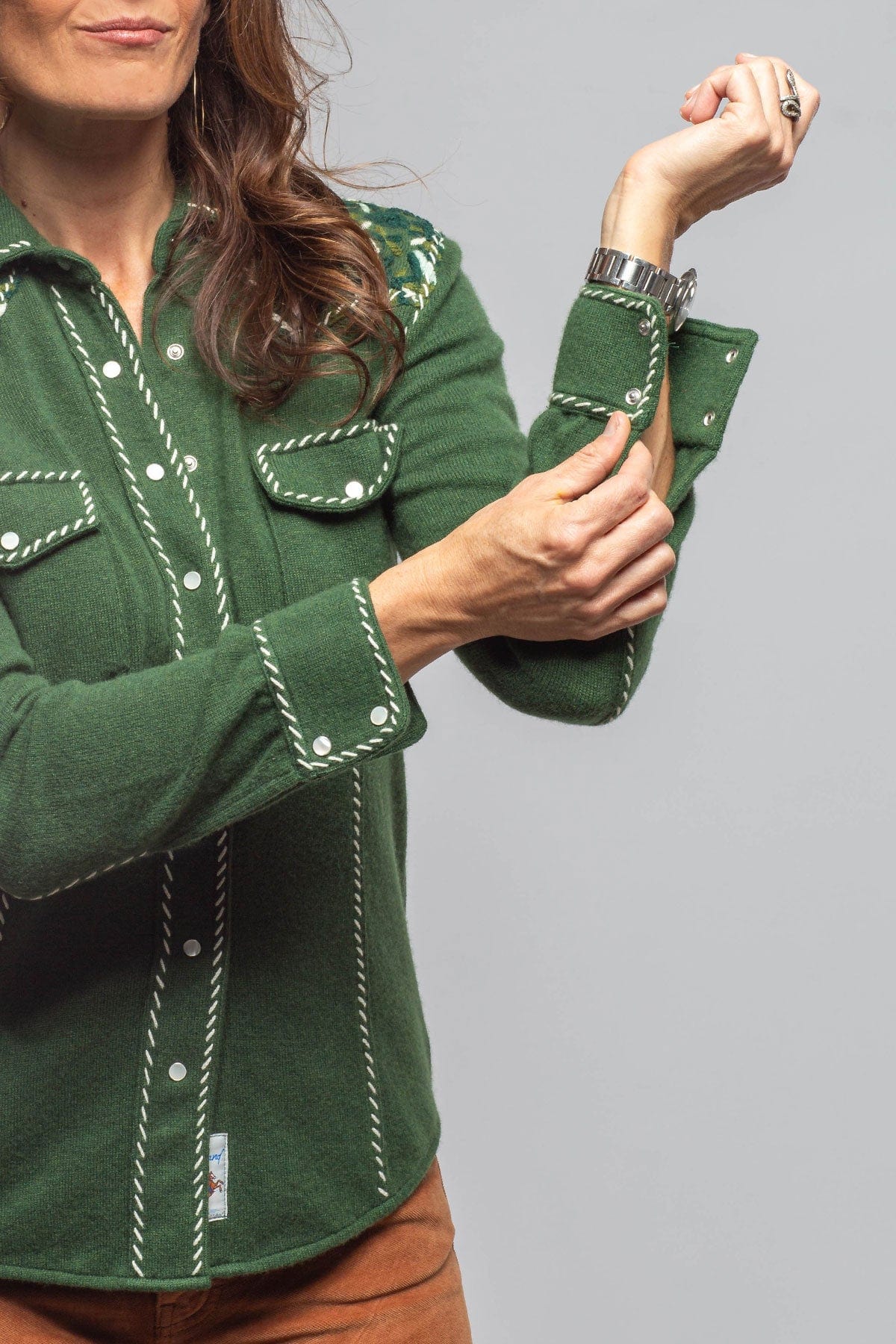 Richard Grand Juliette Embroidered Cashmere Western Shirt In Forest Ladies - Tops