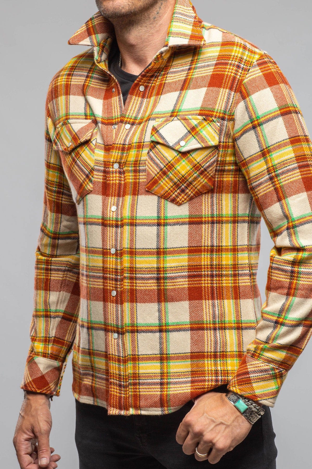 Multi Cash Snap Shirt Sweater In Brick Yellow - AXEL'S